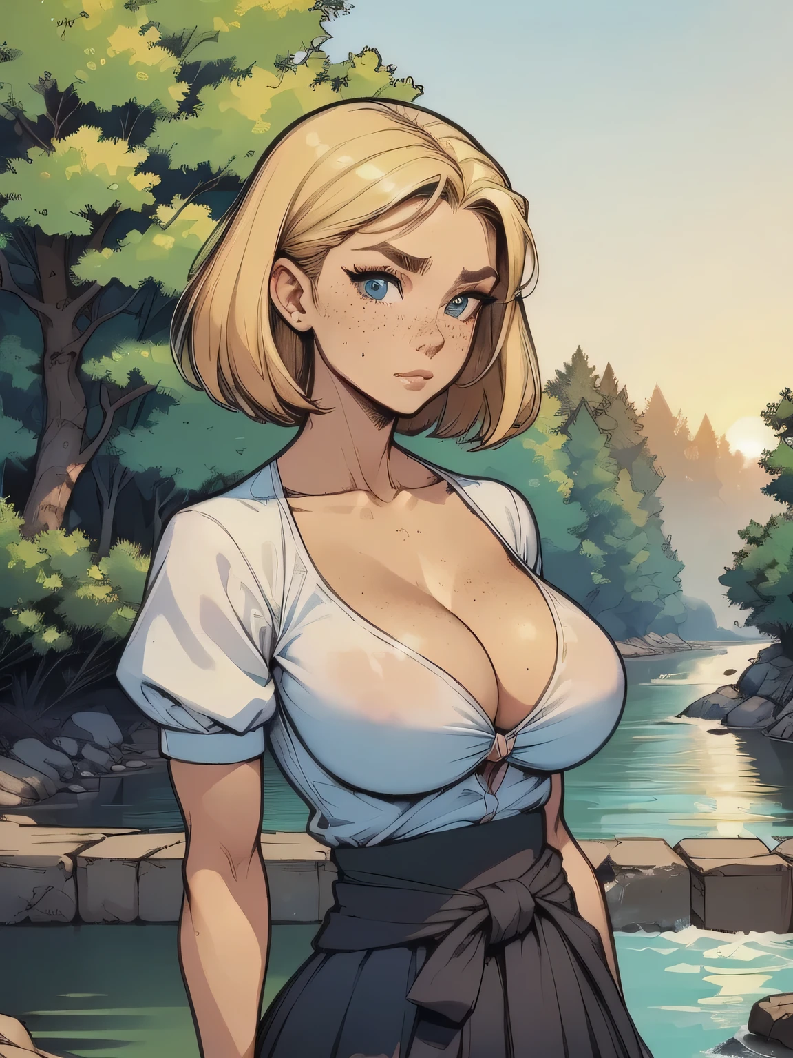 ( linhas absurdas, high definition, ultra fino, be careful with your hand ) Close-up of a thin woman, busty and athletic (secretary), 25 anos, 16k (( high definition )), semblante pensativo, olhar sedutor (( looking at the spectator )), olhos castanhos, secretary usando uma camisa rosa (( gola italiana, puffy short sleeves )), cintura fina, black belt on a discreet pleated skirt, arms on the sides of her body, pele branca, (( short blond hair , at shoulder height )), She is alone on a bridge over a river (( upper body, From waist to head, vista lateral 3.4 )), with freckles on the neck and , (( grandes, redondos e suados 3.4 )), (( Well defined collarbone )). estilo cartoon (( QG )), forest and sunset in the background.