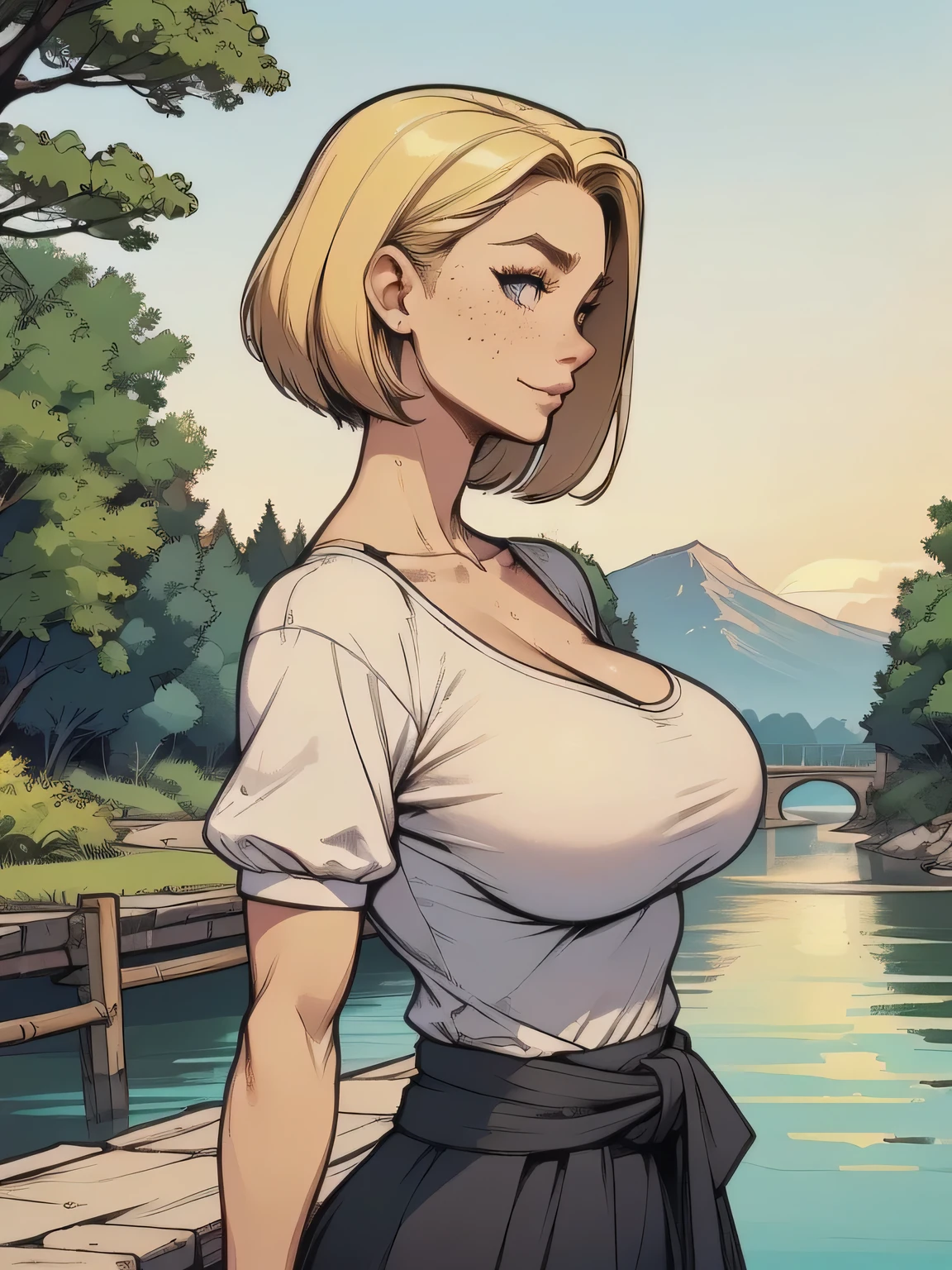 ( linhas absurdas, high definition, ultra fino, be careful with your hand ) Close-up of a thin woman, busty and athletic (secretary), 25 anos, 16k (( high definition )), sorriso fofo, olhar sedutor (( looking at the spectator )), olhos castanhos, secretary usando uma camisa rosa (( gola italiana, puffy short sleeves )), cintura fina, black belt on a discreet pleated skirt, arms on the sides of her body, pele branca, (( short blond hair , at shoulder height )), She is alone on a bridge over a river (( upper body, From waist to head, side view 3.4 )), with freckles on the neck and , (( grandes, redondos e suados 3.4 )), (( Well defined collarbone )). estilo cartoon (( QG )), forest and sunset in the background.