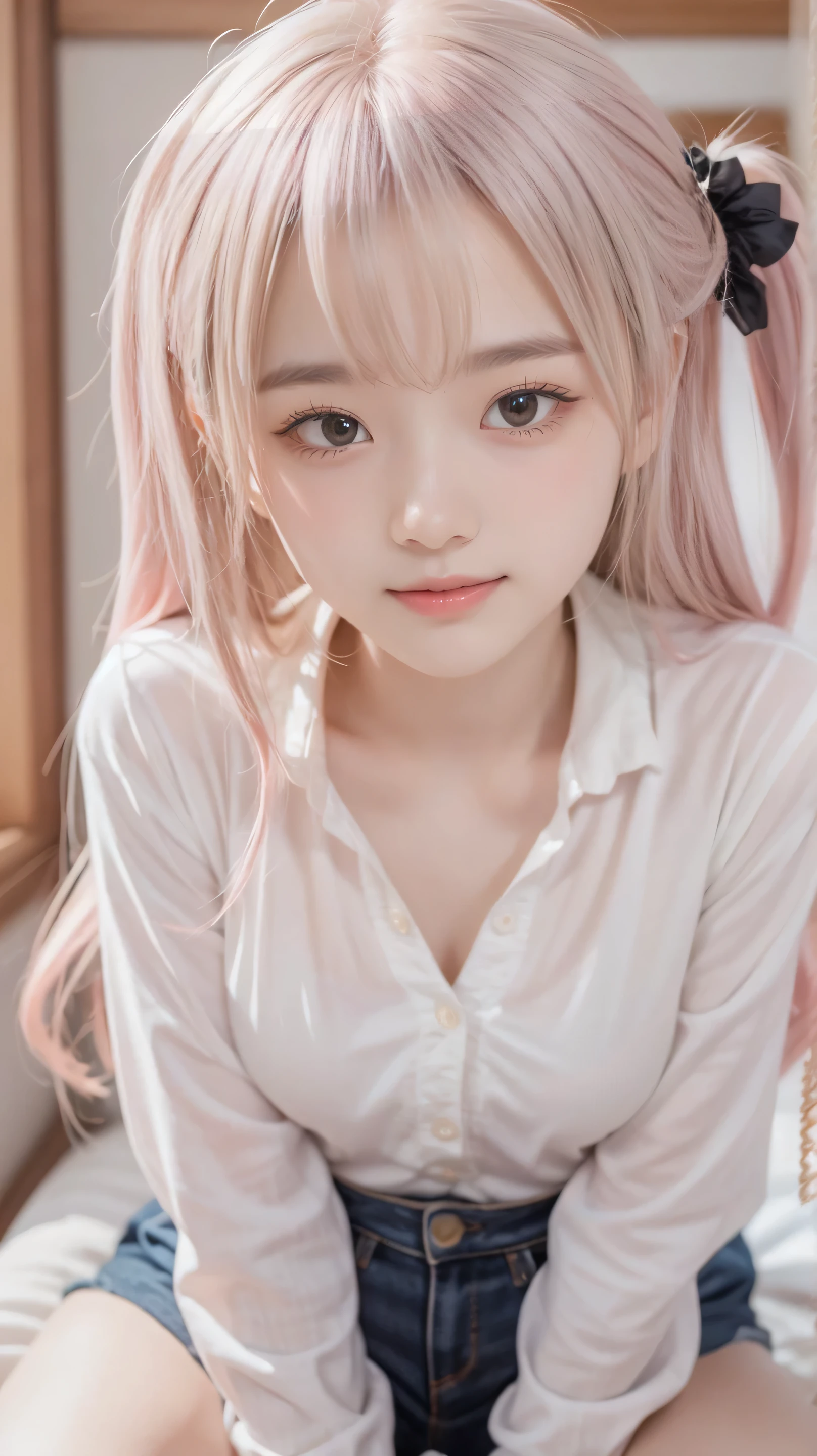 アニメ girl with pink hair and blue eyes sitting on a bed, photorealistic アニメ girl render, photorealistic アニメ, seductive アニメ girl, hyper realistic アニメ, render of a cute 3d アニメ girl, 3 d アニメ realistic, アニメ. やわらかい照明, cute アニメ girl, beautiful アニメ girl, attractive アニメ girl, アニメ girl, 3d アニメ girl