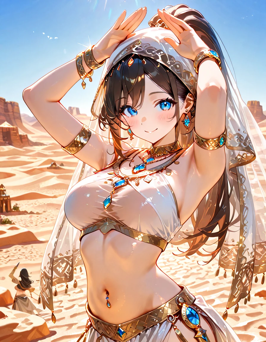 Best picture quality, desert woman, very beautiful face, mask and veil made of thin cloth, wearing a  top and ample pants underneath, Arabic, belly dancing, camel,
