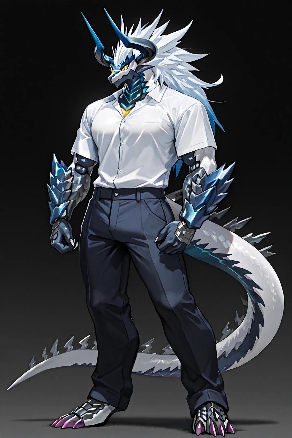 (((Detailed , detailed eyes detailed body detailed face, best quality, high resolution))), solo, (1male, yellow horn backwards, wingless dragon, adult, white long hair, tail, skinny, light blue skin, detailed light blue scale, dark red eyes), black tube top, white baggy pants, in the wooden village, by bebebebebe, by K0BIT0WANI, by Wfa