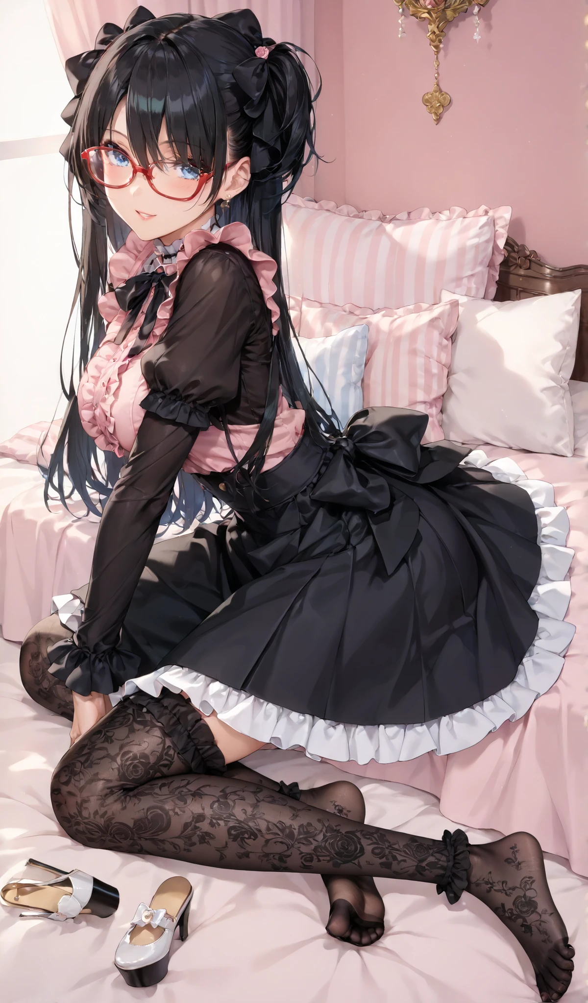 ((inspired by )),((inspired by Animation Style:1.5)),(masterpiece, best quality),beautiful, beautiful-woman, ((detailed face)).(full body:1.3)., 
((black hair)), glasses, blue eyes, long hair, over-rim eye-wear,semi-rimless eye-wear, between eyes .(red-framed glasses:1.2), 
,
1-woman.((in hotel))
The woman is wearing  jirai-kei fashion,pink frilled shirt with short puff sleeves, black neck ribbon,and high waist skirt with black frilled see-through knee-highs-socks ,(platform footwear). ,jirai kei, pink shirt, black skirt, twin-tail, ((frilled see-through socks:1.2)),large ,