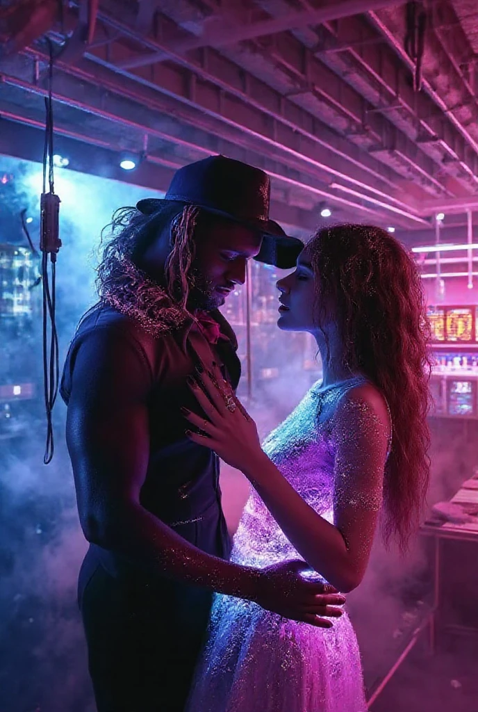 image: full body photo 9:16 with 25mm lens and ambient red filter: dark room with red neon lights.
action: couple kissing. 
characters: Tall dominant man, latino, long wavy hair, depilated. Blonde  woman of medium height, white and red skin. 
