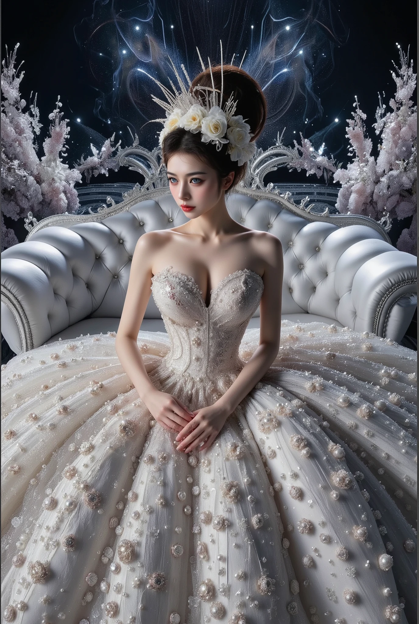 A beautiful Asian idol girl with white skin, douyin-style makeup face, eyelashes, With fake giant , blue eyes, wearing a tight strapless dress that presses the , with a and slim body, a small waist, glass effect on the dress, sitting in space, UHD, luxurious dress, a dress decorated with pearls, diamonds, jewels, and flowers, a dress emitting light, the most elegant and extraordinary dress, a fantasy dress, a beautiful digital artwork, a beautiful fantasy empress, wearing a strapless dress made of beads and carbon fiber, a photo with very sharp details, the best quality: 1.2),, (8k, high resolution, RAW photo, realistic, photo-realistic: 1.3), (detailed skin texture, detailed fabric texture, detailed element texture, exquisite detailed face: 1.25), professional lighting, photon mapping, beautiful soft light, radiosity, physically based rendering, raytracing, model shooting style, model shooting style, (highly detailed 8k unity CG Wallpaper), the most beautiful artwork in the world. (Body Navel) ( push up)