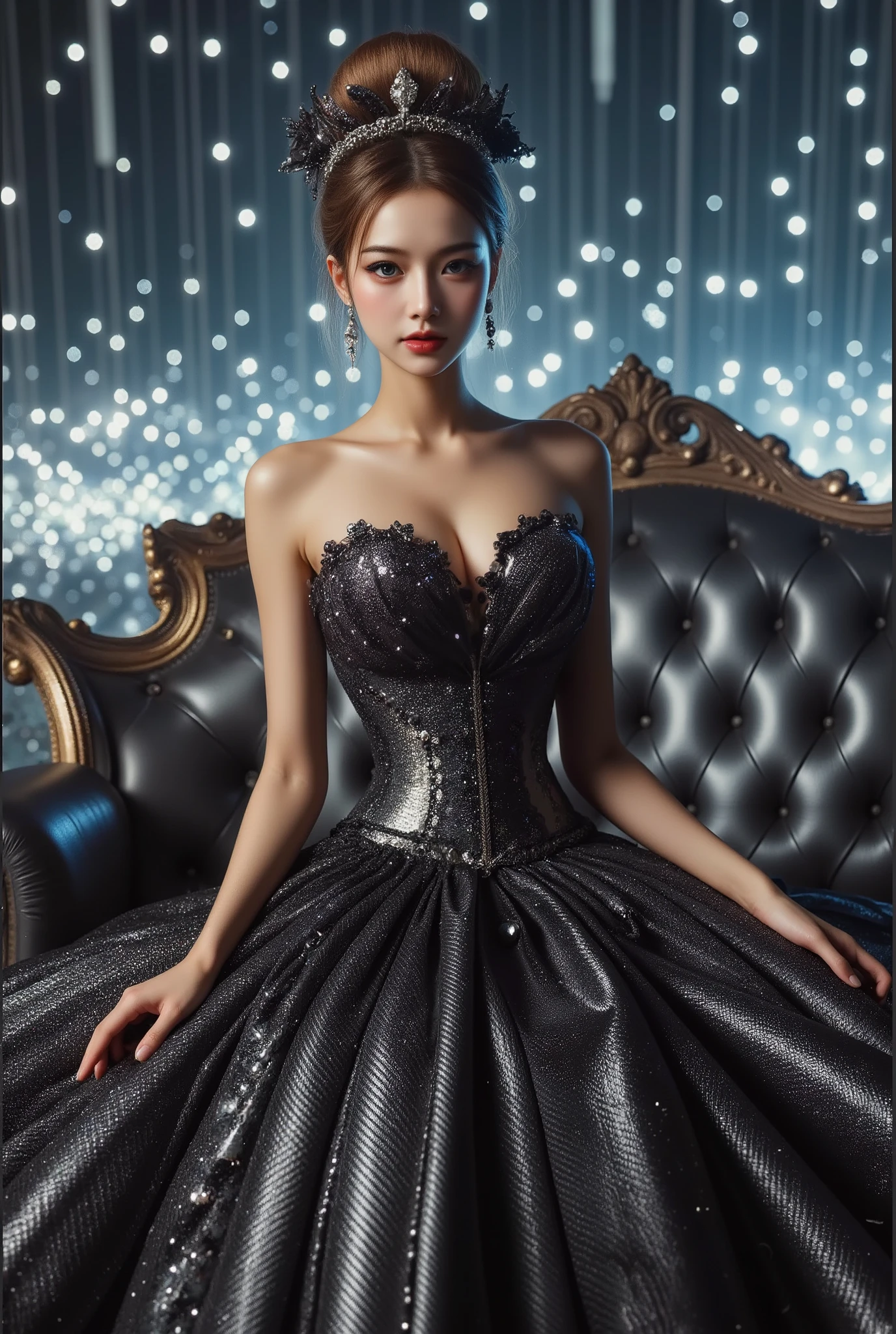 A beautiful Asian idol girl with white skin, douyin-style makeup face, eyelashes, With fake giant , blue eyes, wearing a tight strapless dress that presses the , with a and slim body, a small waist, glass effect on the dress, sitting in space, UHD, luxurious dress, a dress decorated with pearls, diamonds, jewels, and flowers, a dress emitting light, the most elegant and extraordinary dress, a fantasy dress, a beautiful digital artwork, a beautiful fantasy empress, wearing a strapless dress made of beads and carbon fiber, a photo with very sharp details, the best quality: 1.2),, (8k, high resolution, RAW photo, realistic, photo-realistic: 1.3), (detailed skin texture, detailed fabric texture, detailed element texture, exquisite detailed face: 1.25), professional lighting, photon mapping, beautiful soft light, radiosity, physically based rendering, raytracing, model shooting style, model shooting style, (highly detailed 8k unity CG Wallpaper), the most beautiful artwork in the world. (Body Navel) ( push up)