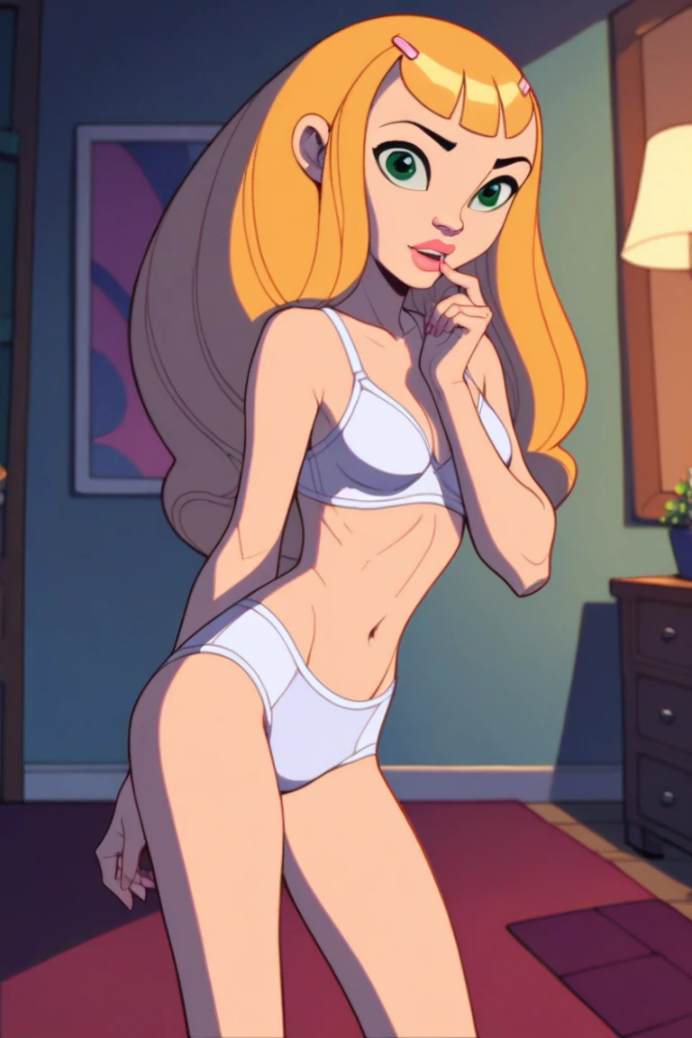 nat, 1girl, (flat ), (((very small ))), :1.3, green eyes,  blonde hair, long hair, lips, bang, blush, , she is showing her , depth of field, bokeh, (special attention to skin detail: 1.2), masterpiece, best quality, ultra-detailed, ultra-HD, photorealistic, cinematic, ((close-up camera shot)), sensual pose, alluring, cowgirl:1.4, looking up at camera