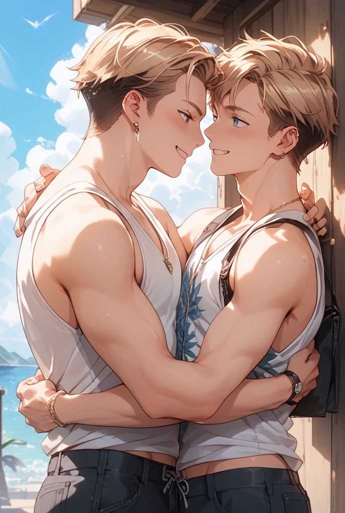 Cmnm, A handsome muscular completely  man , is cuddling and kissing ,a handsome muscular brown haired bearded man wearing a black tank top and red swimwear sunset, barefoot , beach 