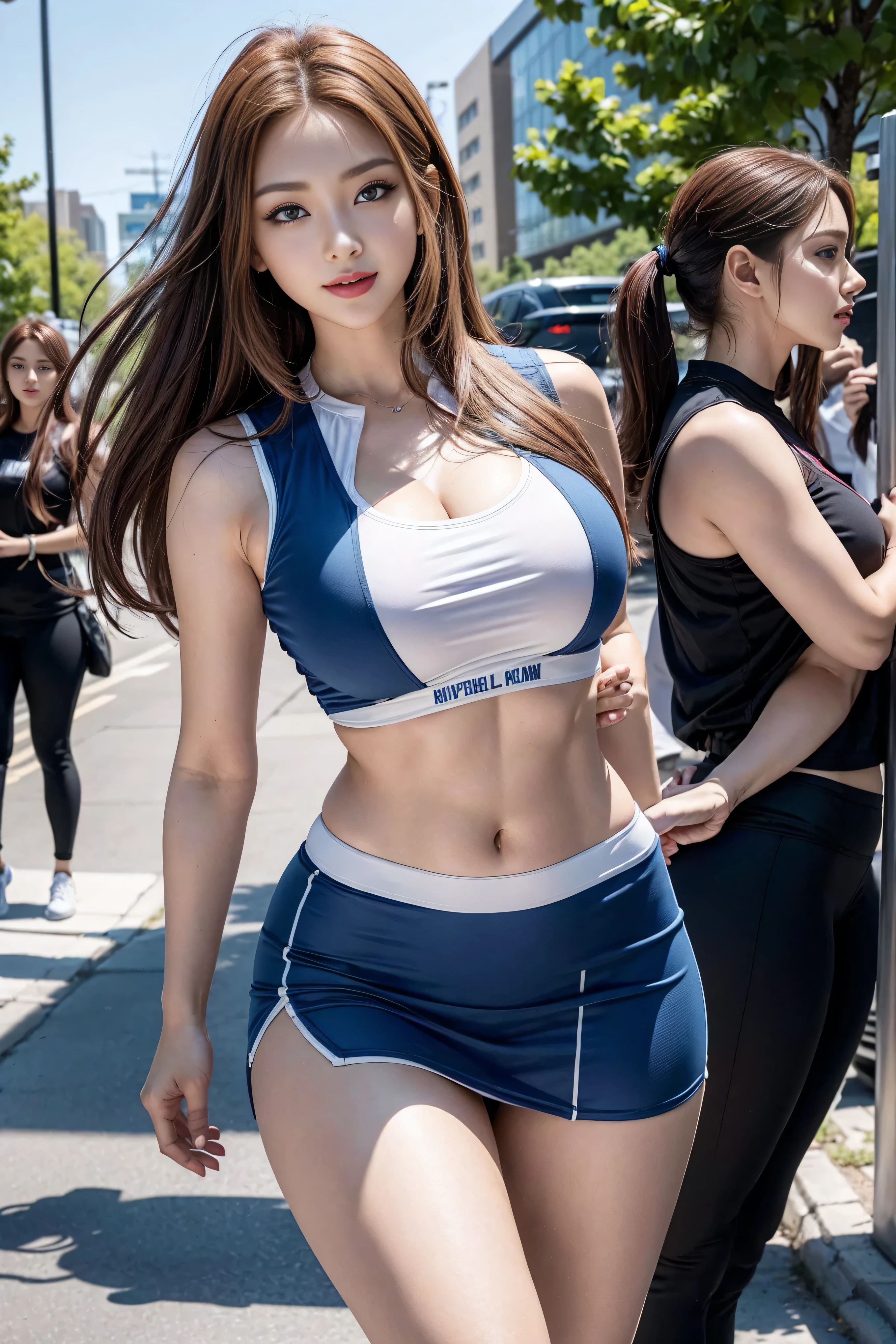 1 girl, (Blue eyes), (excited: 1.2), (Sana Minatozaki), (beautiful makeup: 1.2), , toned legs, shiny body, (Best quality, 8k, Masterpiece: 1.3), Clear focus: 1.2, Perfect body beauty: 1.4, strong abs, highly detailed skin and face texture, detailed eyes, double eyelids, (blonde, long, straight hair: 1.3), (black tube top: 1.2), (tight ?????: 1.2), (miniskirt), standing, dynamic pose, on the streets of Dubai, Gabby Stallone