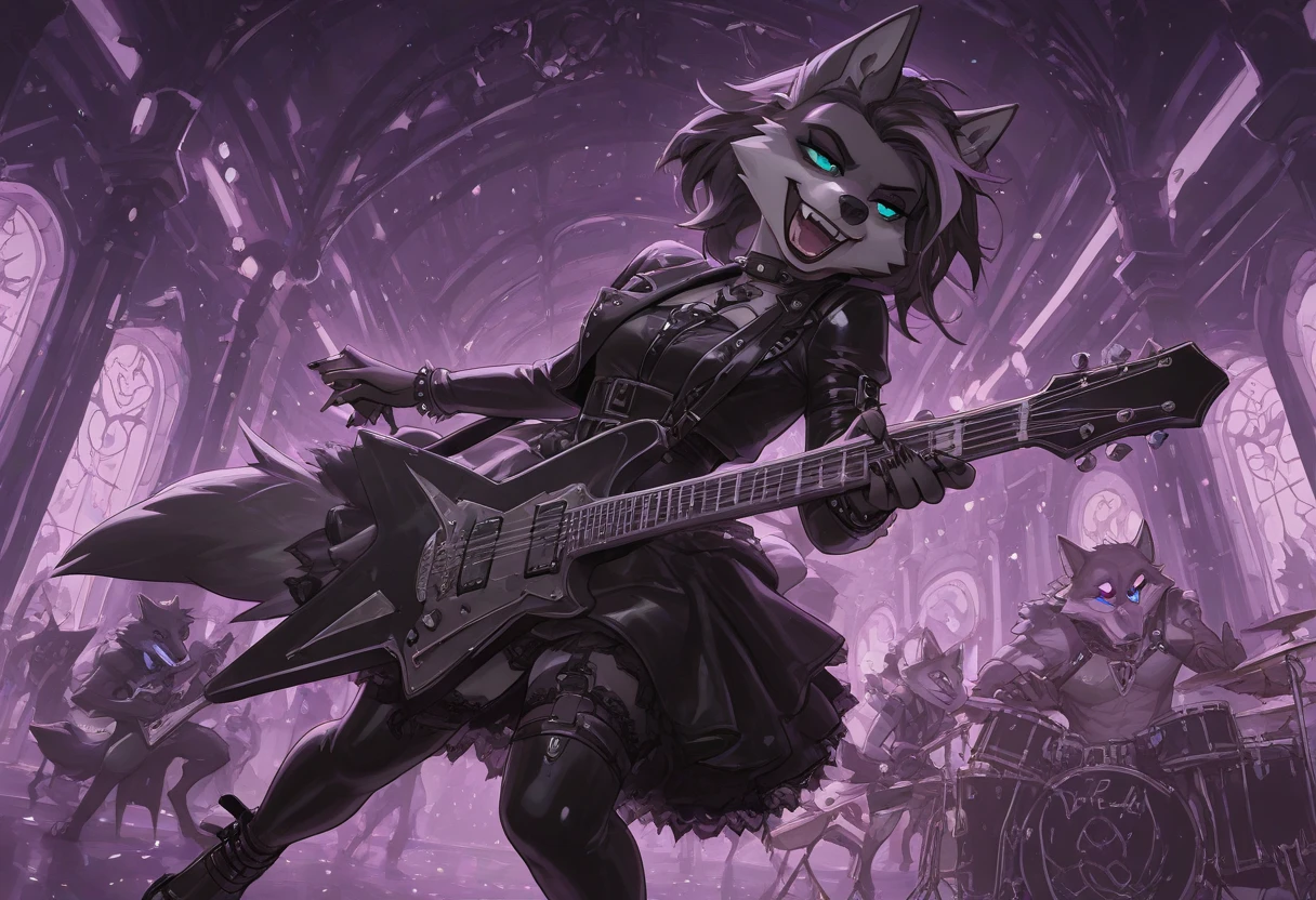 A detailed, source_furry, BREAK, anthro, girl, solo, furry woman with long wavy purple hair, sunny meadow, Furry , ears, tail, brown eyes, lilac fur, purple fur, body is purple with white , her fur is light purple. Petite, black cocktail dress, small that’s extra fluffy, wide , , mature, tuff cheeks, playing guitar, black guitar, metal music, on stage, metal concert, bright lights, one speaker, black lipstick, black eye shadow, spiked collar, spiked bracelets, High quality, 8K, by swaybat, by reysi, by Zackary911, by fumiko, by Pixelsketcher