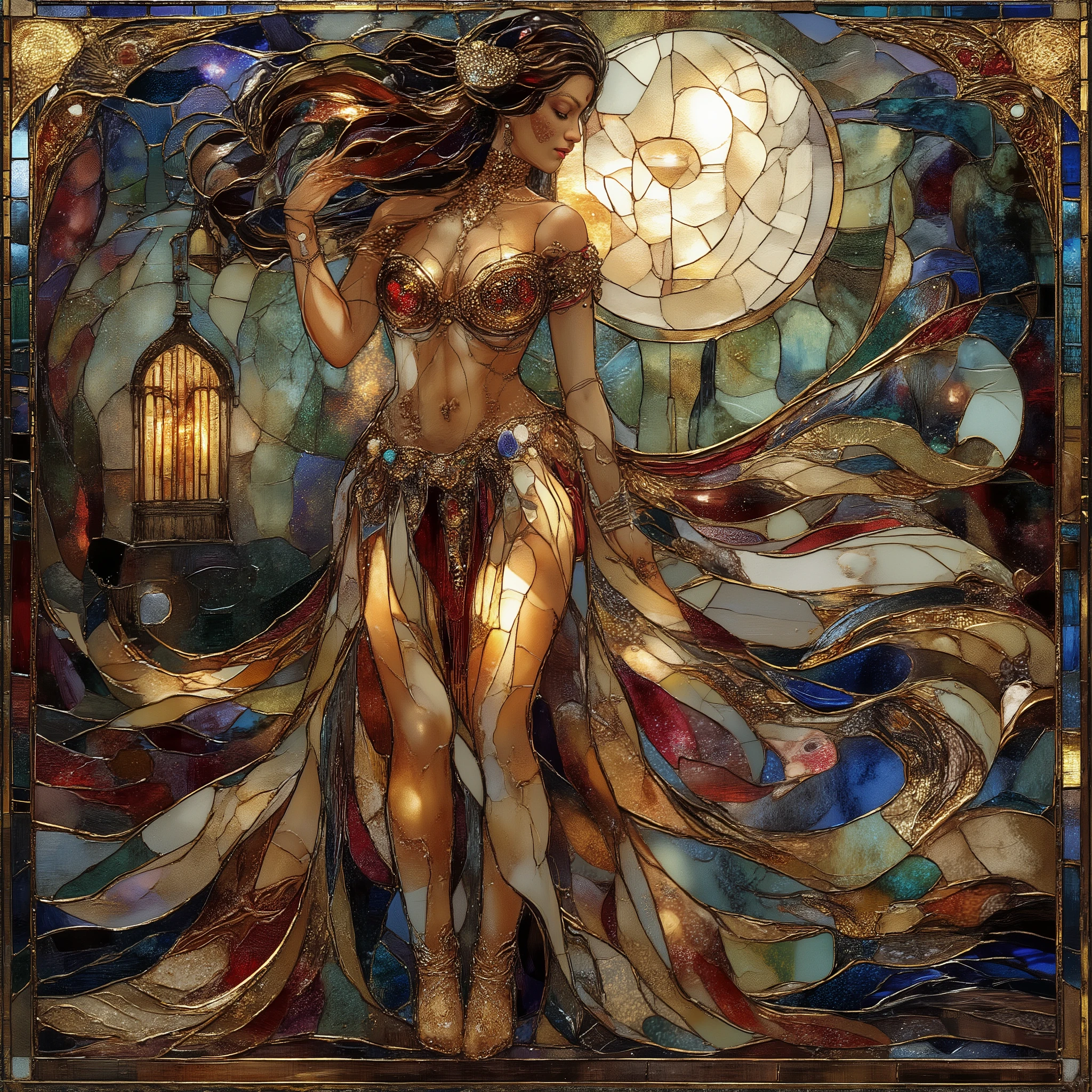 Stained Glass Style Mosaic Art、sensual belly dancer、BIG BREASTS、tight waist、Desert Oasis、moonlight、shards that sparkle like jewels、Byzantine Style 、Expression of Movement、Brilliant color contrast、Mysterious Beauty、mosaic technique that expresses continuity of movement、Exotic Ornaments、Mysterious eyes、dramatic lighting, big breasts, Vst1, ArsMJStyle, Stained Glass