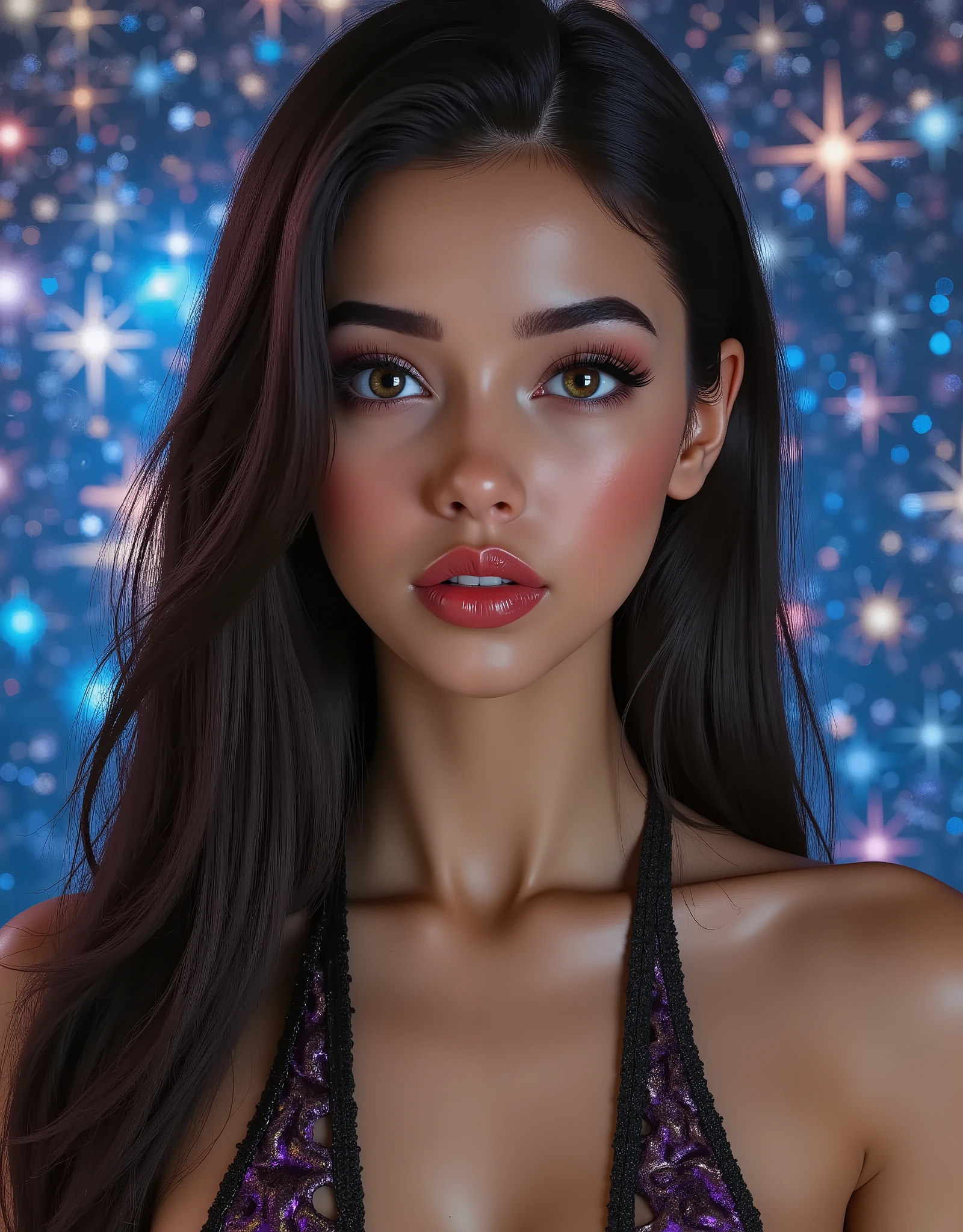 [Style: "masterpiece, realistic (photorealistic Realism), ultra-detailed, Ultra high resolution"](Key Directive: - ("The priority is the anatomical accuracy and texture of the materials" - "Ultra-sharp human eyes with biological accuracy") {hyper realistic and detailed face,"Eyes: (acid-resistant terminology) (macro-details:1 . 5): * Moist corneal surface (visible aqueous layer:1 . 2) * Ultra-detailed iris stroma brown (with gold flecks) * Precise limbal ring (slightly darker pigmentation:1 . 22) - "Lashes: blue individual synthetic fibers (crosshatched roots:1 . 2 , clump-free separation)" (Post-Processing: - "Frequency separation for skin vs eye details" - "Selective sharpening: eyes200% , hair80%" - "Denoise: luminance20 , color35 (retain corneal speculars)") (Avoid: "pupil distortion , uncanny valley asymmetry , plastic-like wetness") ((perfect dark_eyeshadows:1.3)),(apply glossy red lipstick:1.22), (Beautiful long legs in good style:1.35), ((no bra, no panties:1.3)), (medium butt), (skinny body build),(perfect hot model body:1.4), ((slim belly: 1.2)),  An exquisite blend of a portrait of a woman in a beautiful dress and a medieval night scene. ((A complex high-resolution double exposure of twinkling stars inside a beautiful dress, creating a fantastic image with a starry sky as a backdrop)) [The vivid colors of a dream, holding jewels against a medieval sky full of colorful stars]. (Rendering engine: "Unreal Engine 5 path tracing, 16K texture maps") | The ultra-Highres,Unreal 5,Subsurface scattering,PBR Texturing,Post-Processing,Anisotropic Filtering,depth of fields,Maximum Sharpness and Sharpness,Precise simulation of light-material interactions,perfectly proportions,Octane rendering, Wide Aperture, low ISO, white balance, The rule of thirds.