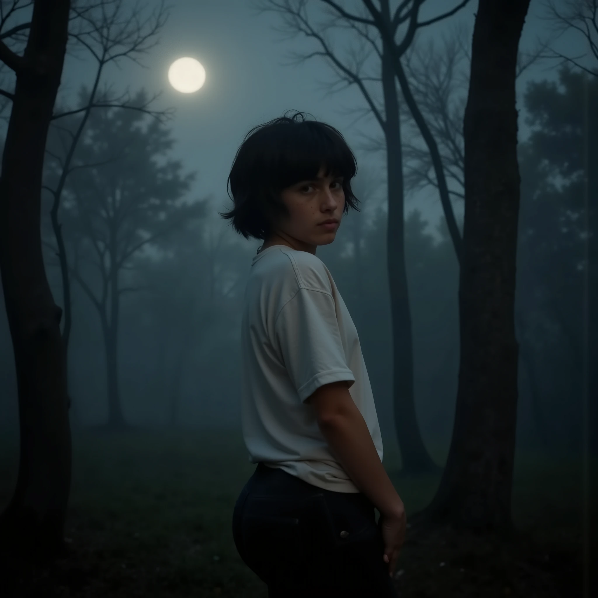 A young teen male wearing black-colored jeans and a white t-shirt, Tight jeans, Taut jeans, Black-colored jeans, Jeans, White-colored t-shirt, T-shirt, From behind, Arched back pose, Glancing over shoulder seductively, Head turned 3/4 profile, Looking at viewer, Mixed expression of confusion and worry, Teen, Young, Dark brown-colored hair, Short hair, 90s grunge male bob haircut, Brown-colored eyes, Small round-shaped eyes, Scattered freckles across cheeks and nose bridge, Small nose, Soft boyish features, Youthful features, Ivory complexion, Slender body, Slim body, Plump butt, Round butt, Petite butt, Sexy butt, Young male, Teen male, 1male, Solo, In a mysterious woodland at midnight, Eerie, Ominous, Scary, Mysterious atmosphere, Otherworldly atmosphere, Luminous full moon floating in the dark sky, Thick fog banks drifting through skeletal trees, Ethereal moonbeams cutting through darkness, Heavy fog crawling along the forest floor, Late at night, Midnight, Forest, Cinematic lighting, 8k resolution, 8k detail, Ultra-detailed, Ultra-realistic, Best quality, High quality