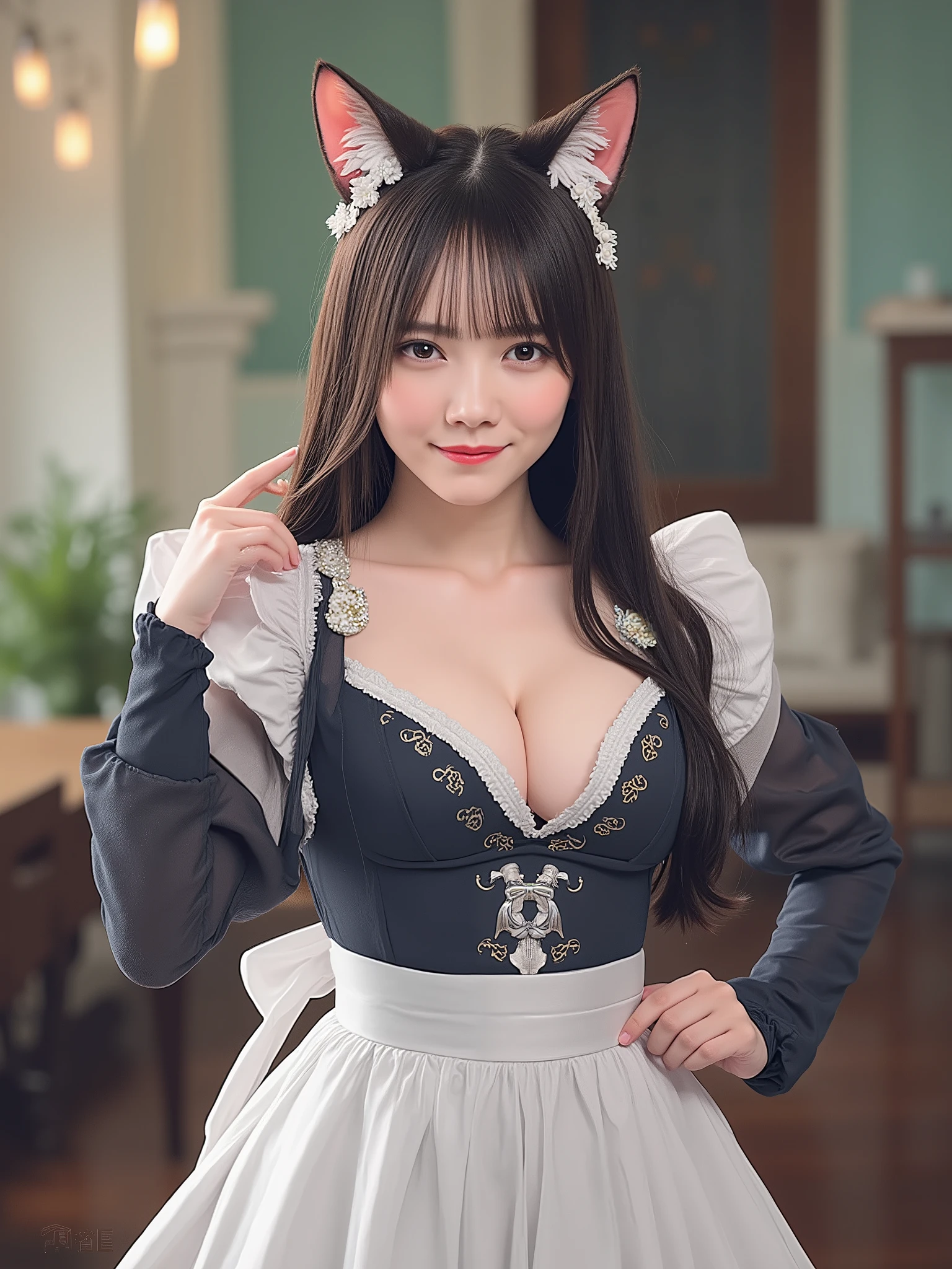  Maid Dress,  Cat's Ear, Black Long Hair, score_9, score_8_Up, score_7_Up, source_cartoon, masterpiece,Best Quality, big boobs, Full Body,  skirt, slender, open chest,