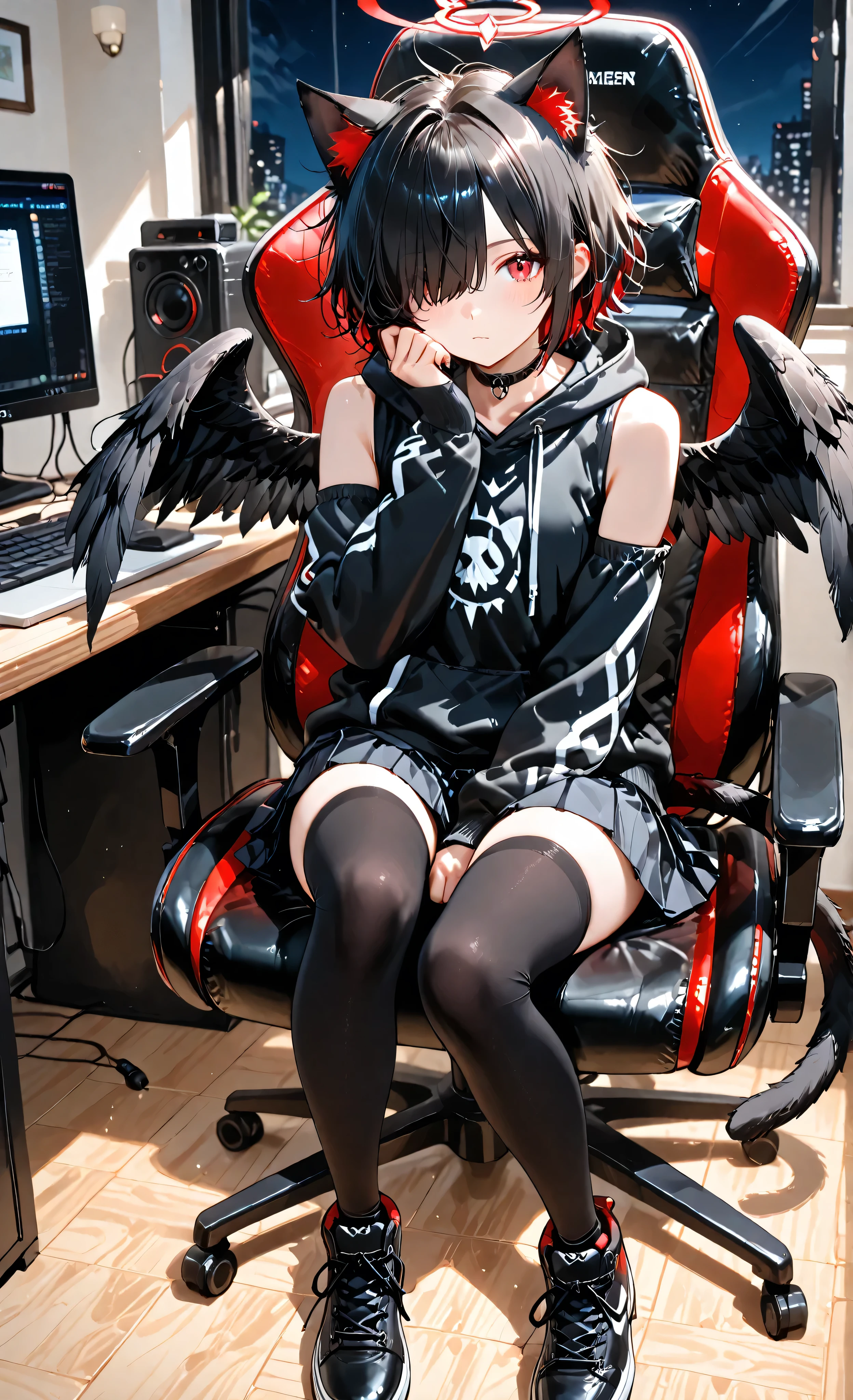 Right eye hidden, anime style, huge anime eyes, detailed character, cute face, short hair, hair over right eye, short black messy hair, black stylish hoodie, detached sleeves, black pleated skirt, thigh high stockings, black sneakers red eyes, cat ears, cat tail, black feathered wings, masterpiece, sitting on a gamer chair in a bedroom using the computer