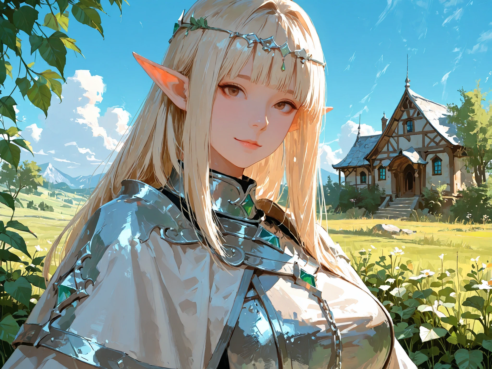 close-up, looking at viewers, makes an aesthetic, Master piece, Best Quality, ultra detailed, a beautiful girl, solo,  long platinum-blonde hair, blunt bangs, silky straight hair, A delicate silver circlet, beautiful brown eyes, elf, Proud expression, large breast, light smile, white turtleneck taut shirt, silver elven armor with gem stone, looking at viewers, elven village in background, greenery, fantasy world, morning, blue sky