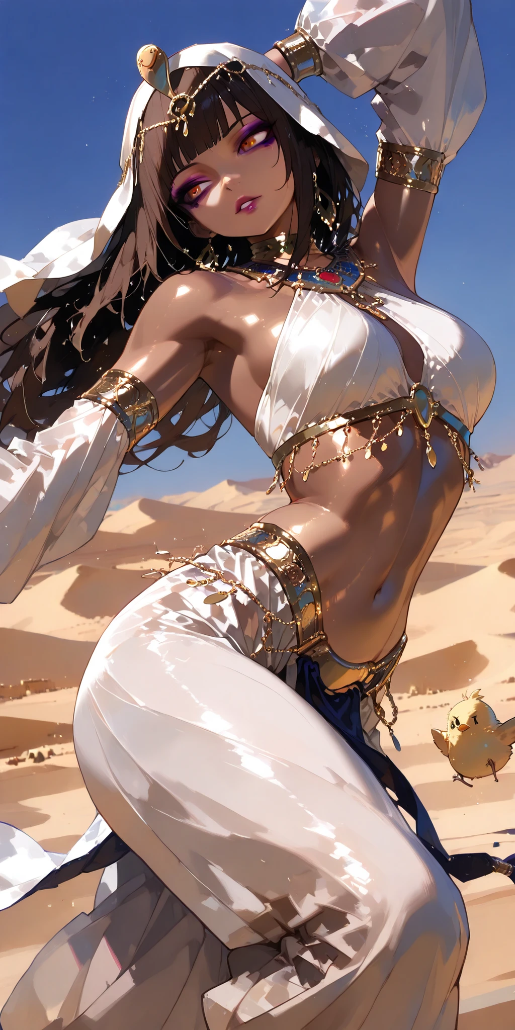  desert,Dancer,dancing,1girl,brown skin,Arabian Woman ,heavy makeup,gold decoration,face pail,Dancerの服装,Exotic,sexy,Action,dynamic,Dramatic,Anime Chick,safe content(masterpiece, 最High Quality, High Quality, Detailed Background, complicated details,complicated,ultra high res, very beautiful ,Newest:1.2)