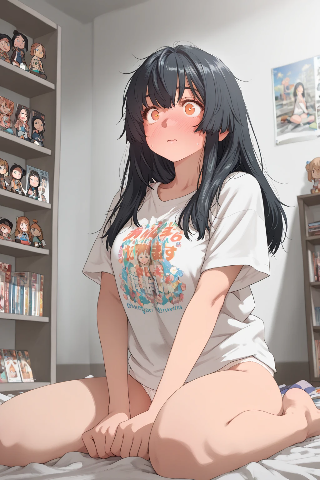 (((masterpiece, Highest quality:1.5,absurdres))),nsfw,30 year old beauty,(dark blue hair),((very small head:1.2)),long hair,bangs,dark blue eyes,gorgeous eyes,blush、in heat,medium breasts,((very long body:1.3)),((toned body,slender body)),skinny,((tan skin:1.2)),gleaming skin,shiny skin,sweat,((White turtleneck knitwear、Long sleeve、Underboob、navel、Beige shorts、Wet crotch),White sneakers、sitting,spread legs:1.2,Black sofa、Coffee shop、Tokyo、