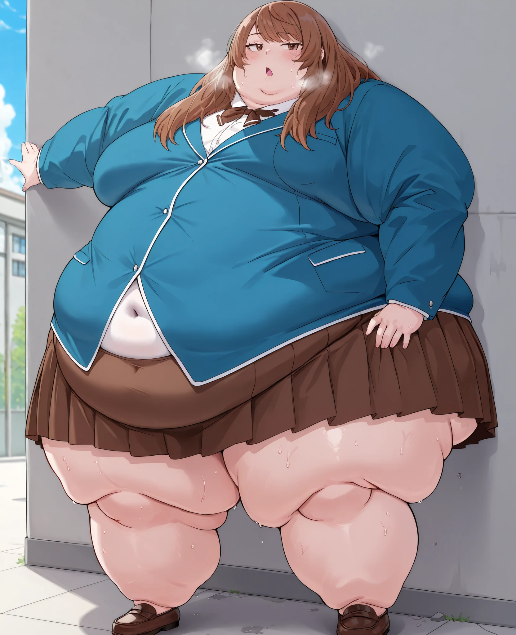 masterpiece, best quality, solo, 1girl, score_9, score_8_up,score_7_up BREAK, 1girl, solo, chubby, fat, very fat, obese, obese arms and legs, sloppy stomach, saggy round breasts, fat face, fupa, double chin, plump, thick thighs, thigh, morbidly obese, immobile, blush, sweaty, sweaty hair, blushing, KinuyoKa, brown eyes, brown hair, jitome, jitome eyes, bangs, hair over shoulders, swept trimmed bangs, KinuyoKa, brown eyes, brown hair, jitome, jitome eyes, bangs, hair over shoulders, swept trimmed bangs , school uniform, white shirt with buttons, sky blue jacket, brown skirt, strecthing, covered navel, fupa, open mouth sweating, full body shot, gigantic arms and legs, out of breath, standing, side view, looking at the viewer, swollen face, Fat_neck , Fat head , eyes with crushed cheeks , nose with crushed cheeks , mouth with crushed cheeks , chin roll