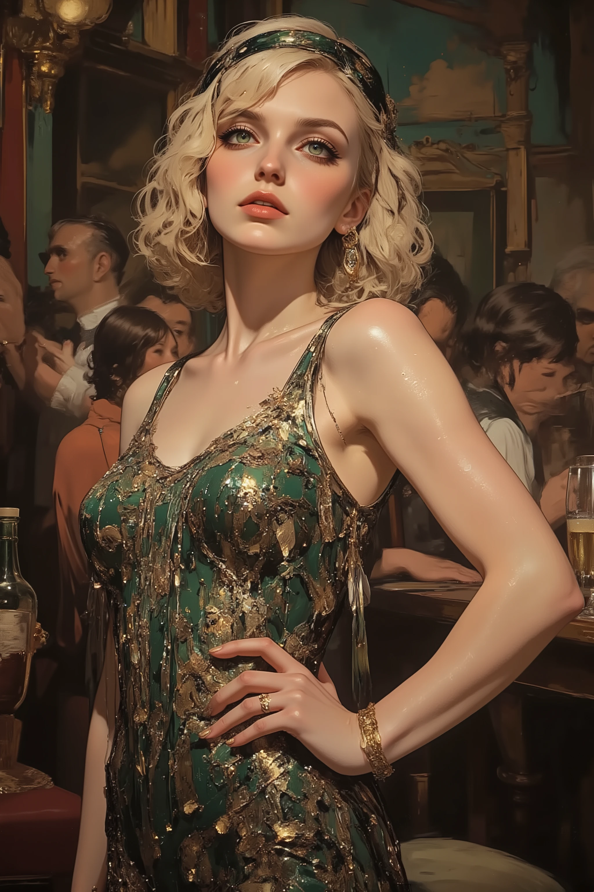 ((line art)), a beautiful, Mexican, polish and French, female model,  olive skin ,hazel eyes, tight pony tail, sleeveless blouse and black fitted dress pants, diamond earrings, gold bracelets, gold thin necklace, beautiful skin, beautiful body, athletic body,