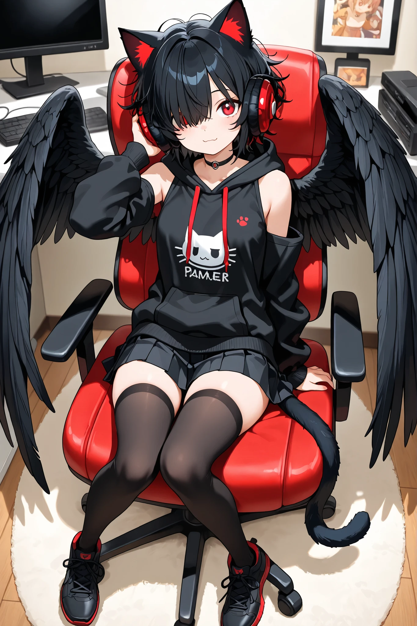 ,headphones, animal ears,Right eye hidden, anime style, huge anime eyes, detailed character, cute face, short hair, hair over right eye, short black messy hair, black stylish hoodie, detached sleeves, black pleated skirt, thigh high stockings, black sneakers red eyes, cat ears, cat tail, black feathered wings, masterpiece, sitting on a gamer chair in a bedroom using the computer