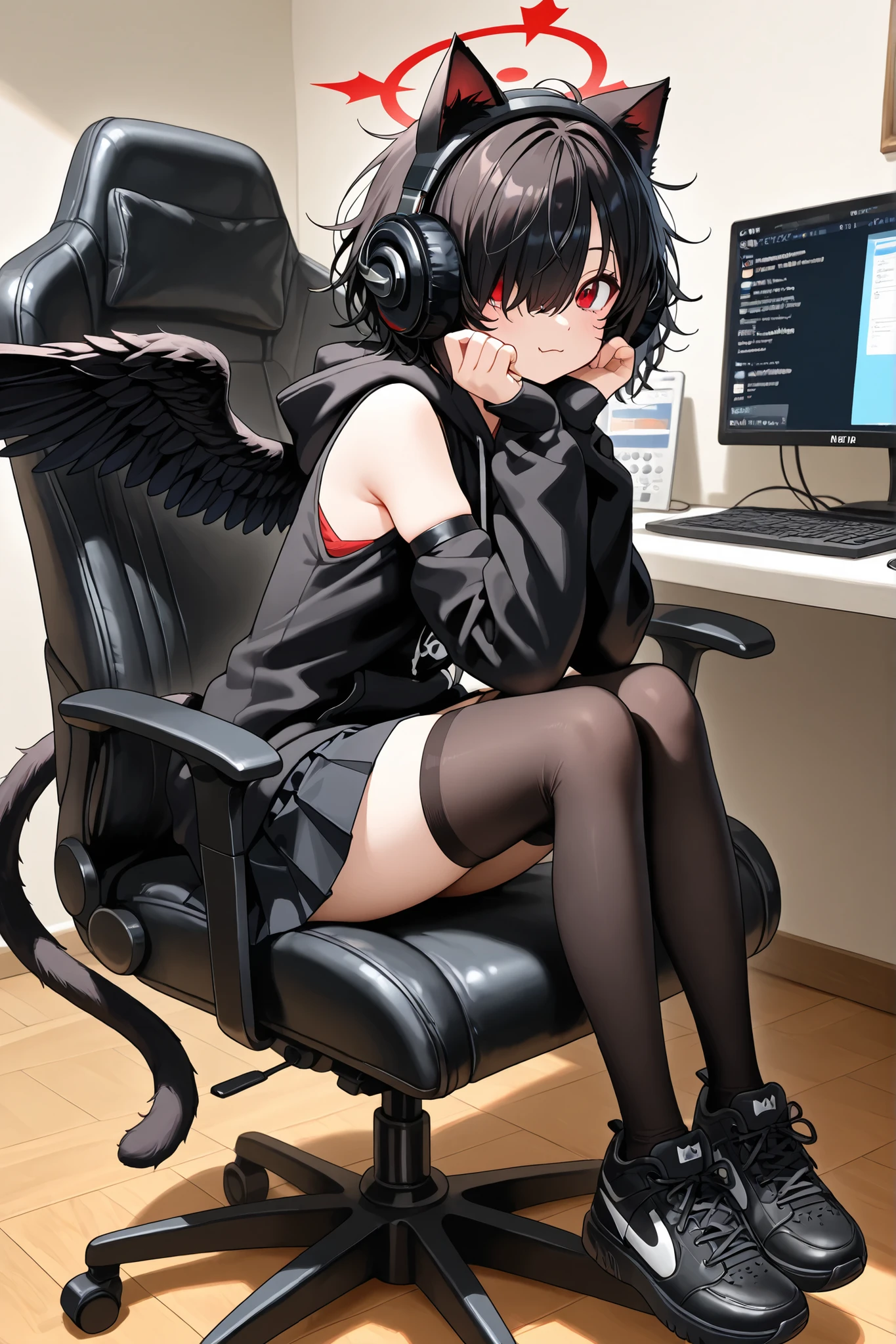 ,headphones, animal ears,Right eye hidden, anime style, huge anime eyes, detailed character, cute face, short hair, hair over right eye, short black messy hair, black stylish hoodie, detached sleeves, black pleated skirt, thigh high stockings, black sneakers red eyes, cat ears, cat tail, black feathered wings, masterpiece, sitting on a gamer chair in a bedroom using the computer