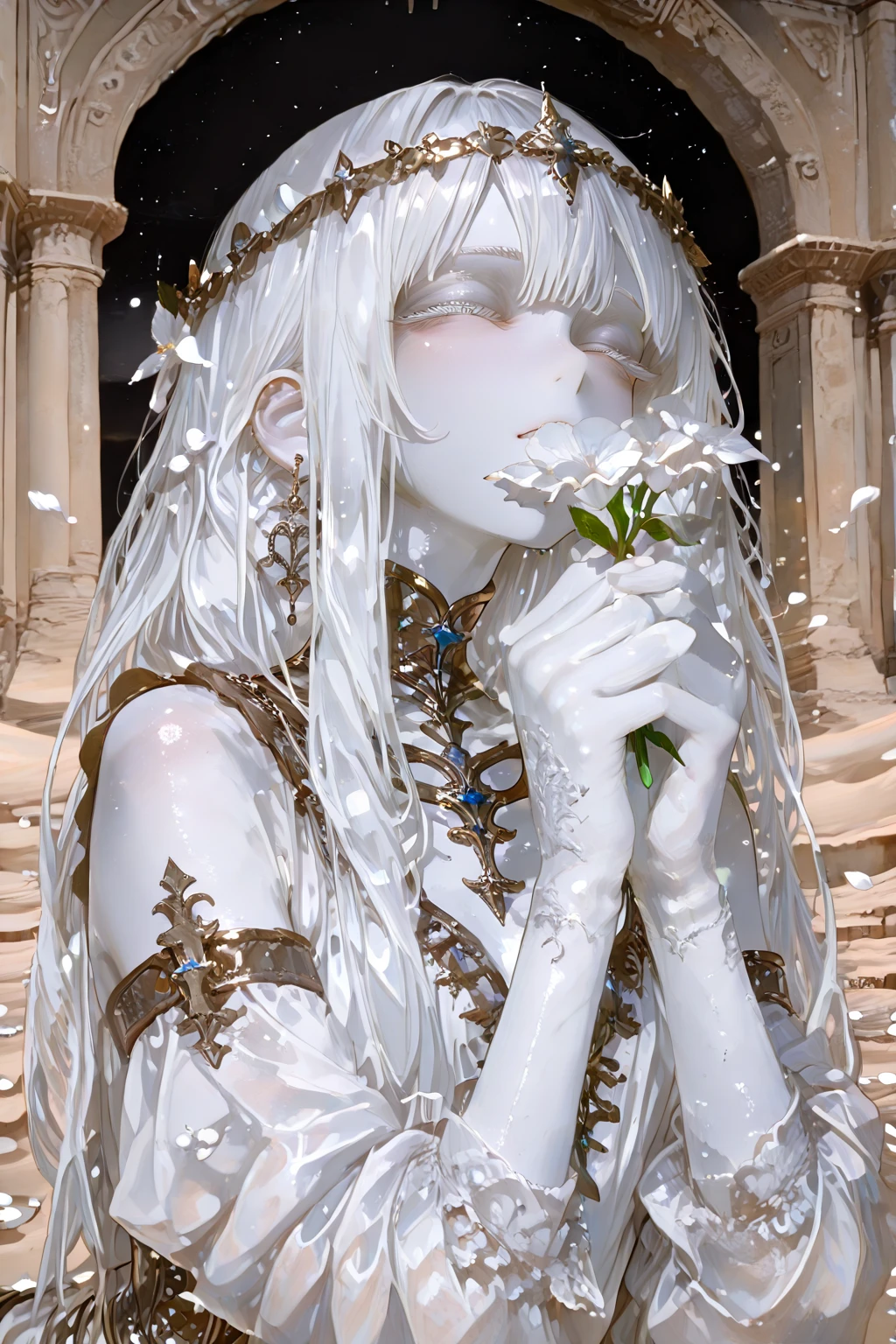 High definition RAW color art, Animation,sculptures, Snow marble skin, High angle, crystal flower, (((Ultra detailed elegant))), Magical atmosphere, (focus on upper body), (Detailed skin, Texture (Intricately detailed, Fine detail, ultra-detailliert), Dark Museum