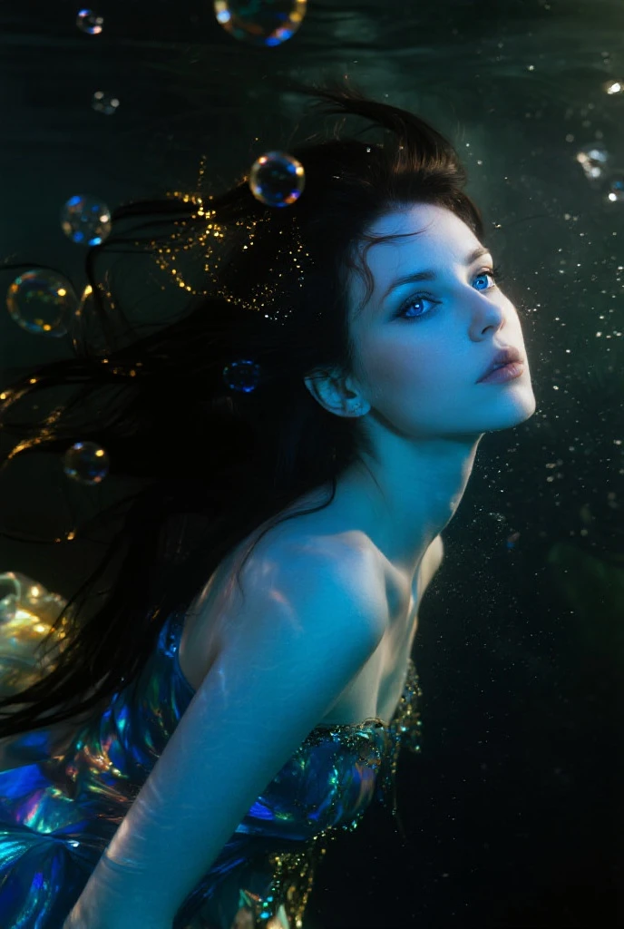 film photography, vintage, fashion photography of horror, close up photo of 90s beautiful fashion model in black water, blue night forest background