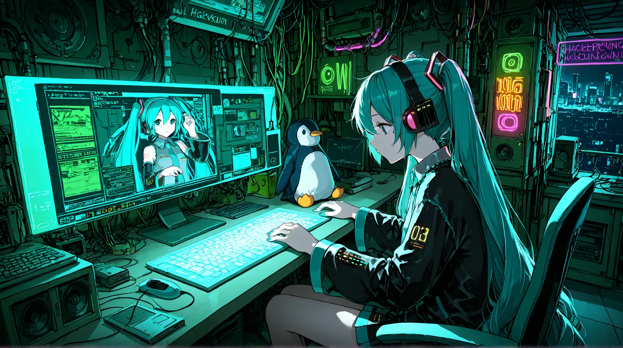 Hatsune Miku,Megurine Luka, headphones over green,hacker,sit at the desk,while working on a computer,neon light,Cinematic,cyberpunk,stuffed penguin