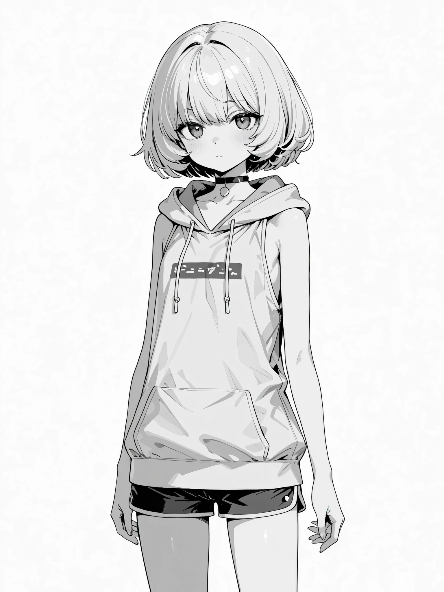 monochrome Grayscale white background short hair large sleeveless hoodie shorts choker girls flat chest