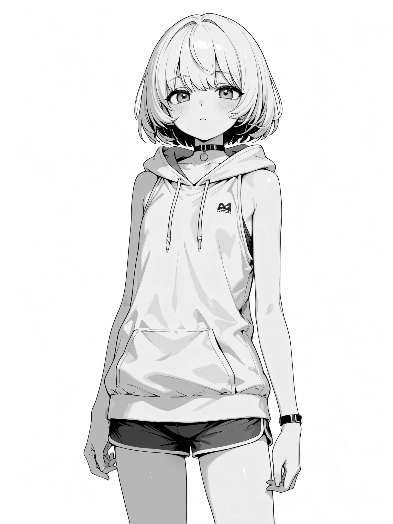 monochrome Grayscale white background short hair large sleeveless hoodie shorts choker girls flat chest