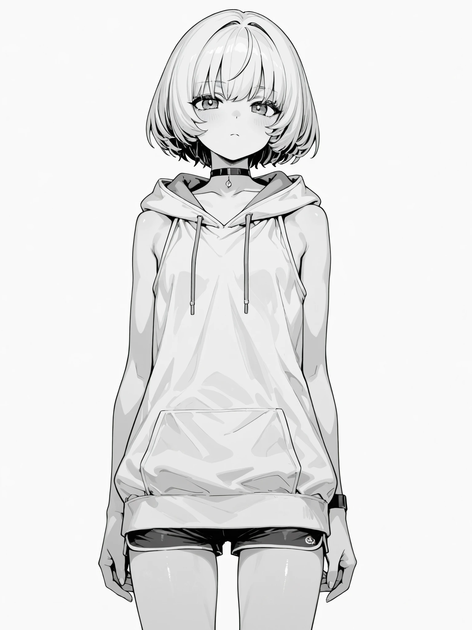 monochrome Grayscale white background short hair large sleeveless hoodie shorts choker girls flat chest