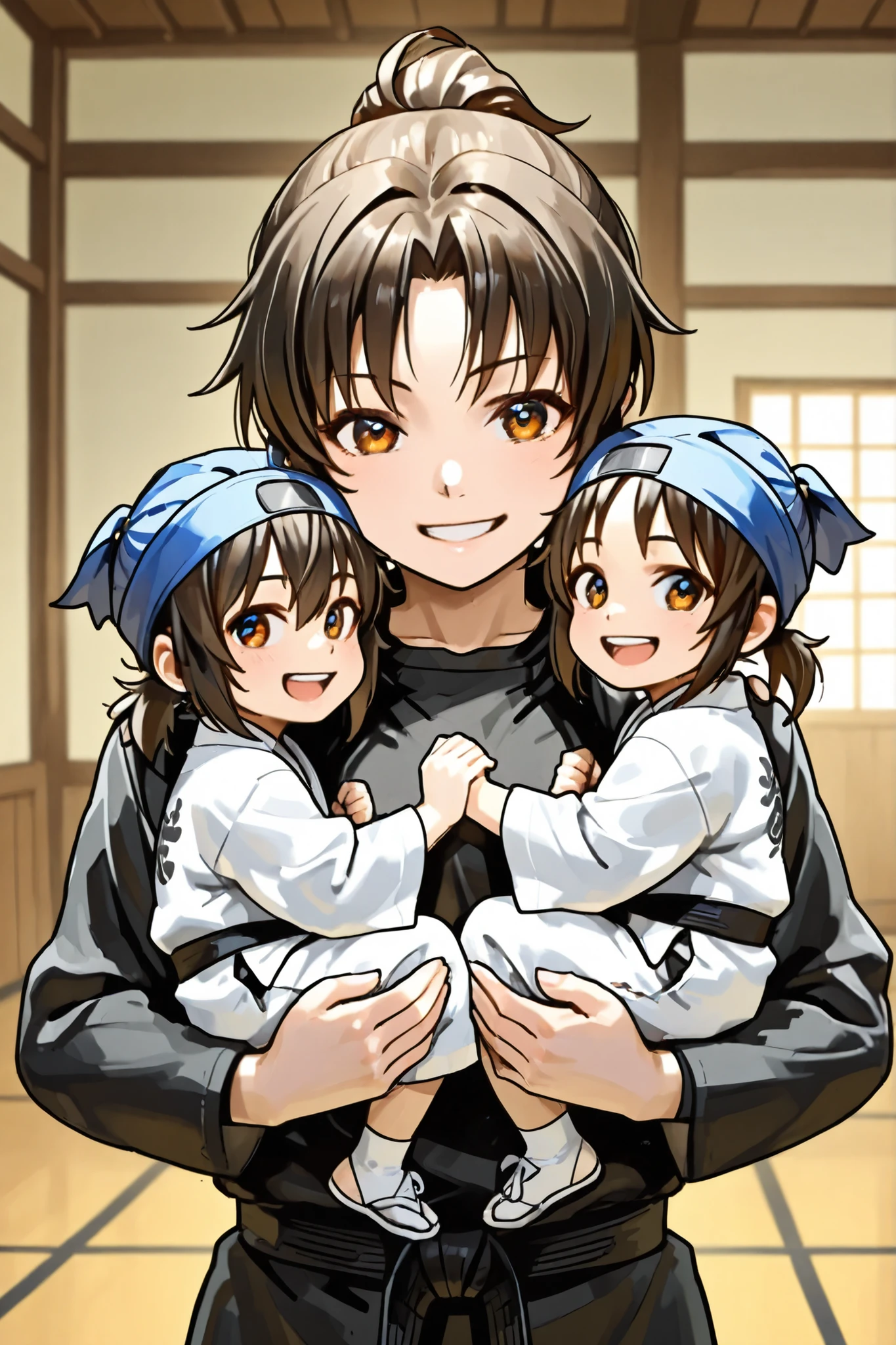 5 child-like ninjas、female ninjas are shoulder-carrying、Smiling Child、Japanese martial arts dojo