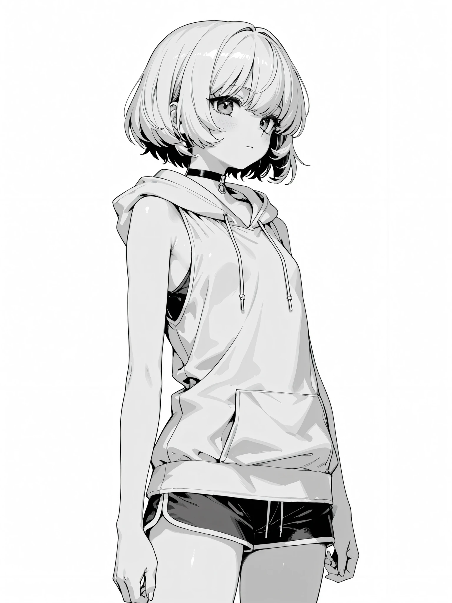 monochrome Grayscale white background short hair large sleeveless hoodie shorts choker girls flat chest as seen from the side Right beside