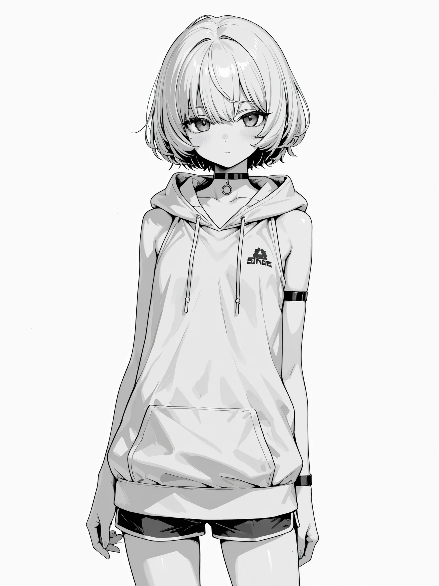 monochrome Grayscale white background short hair large sleeveless hoodie shorts choker girls flat chest as seen from the side Right beside