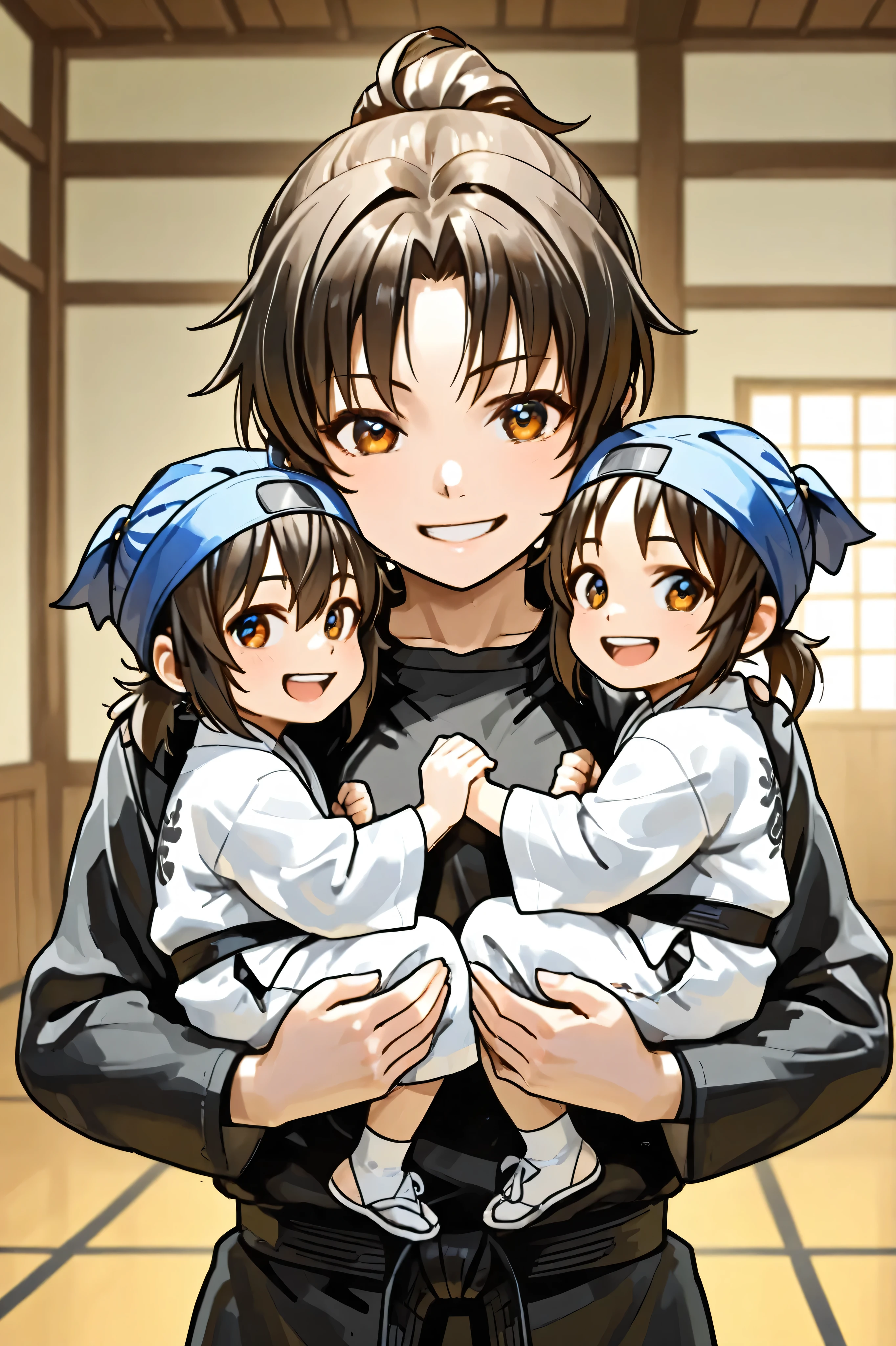 5 child-like ninjas、female ninjas are shoulder-carrying、Smiling Child、Japanese martial arts dojo