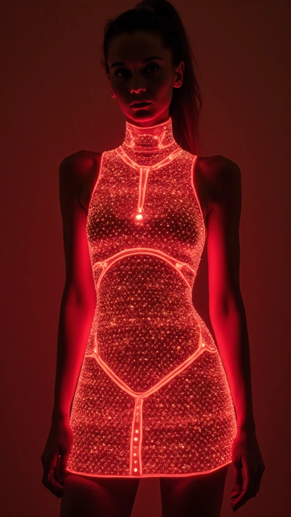 portrait of a woman named d0ngeuran wearing a sleeveless luminescent glowing neon red dress. <lora:DongeuranFlux:1>, <lora:lukethighwalkerneonv9flux:0.6>