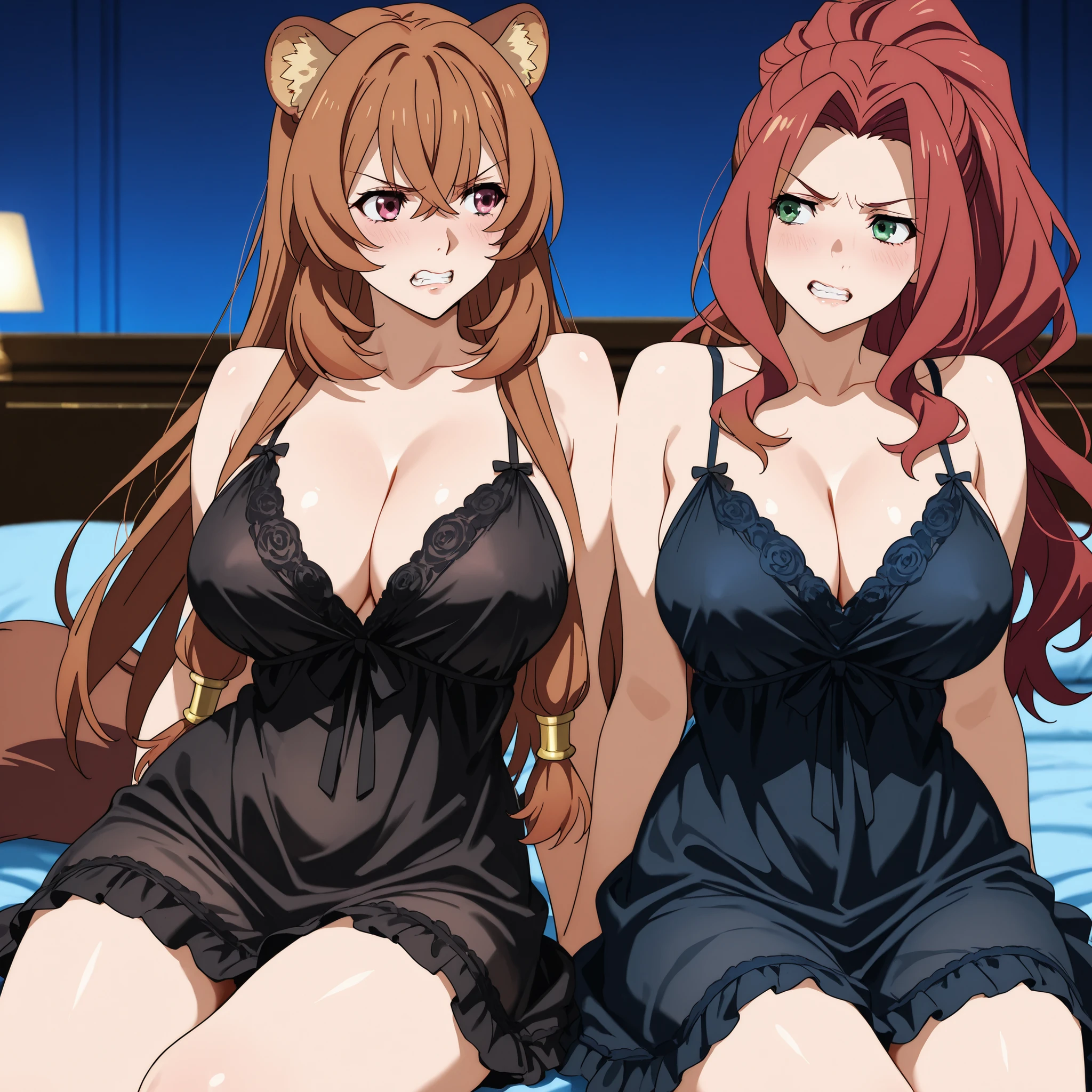 two women . 1st orange-haired Raphtalia . 2nd Malty Melromarc long loose red hair . long loose hair and green eyes, curvy figure big breasts, they are sitting side by side on the edge of an elegant blue bed ,are wearing sexy black nightgowns the same . both women are face to face ,both women look at each other with contempt directly clenching their teeth .rivalry. , Background an elegant hotel room , Anime art with great detail,