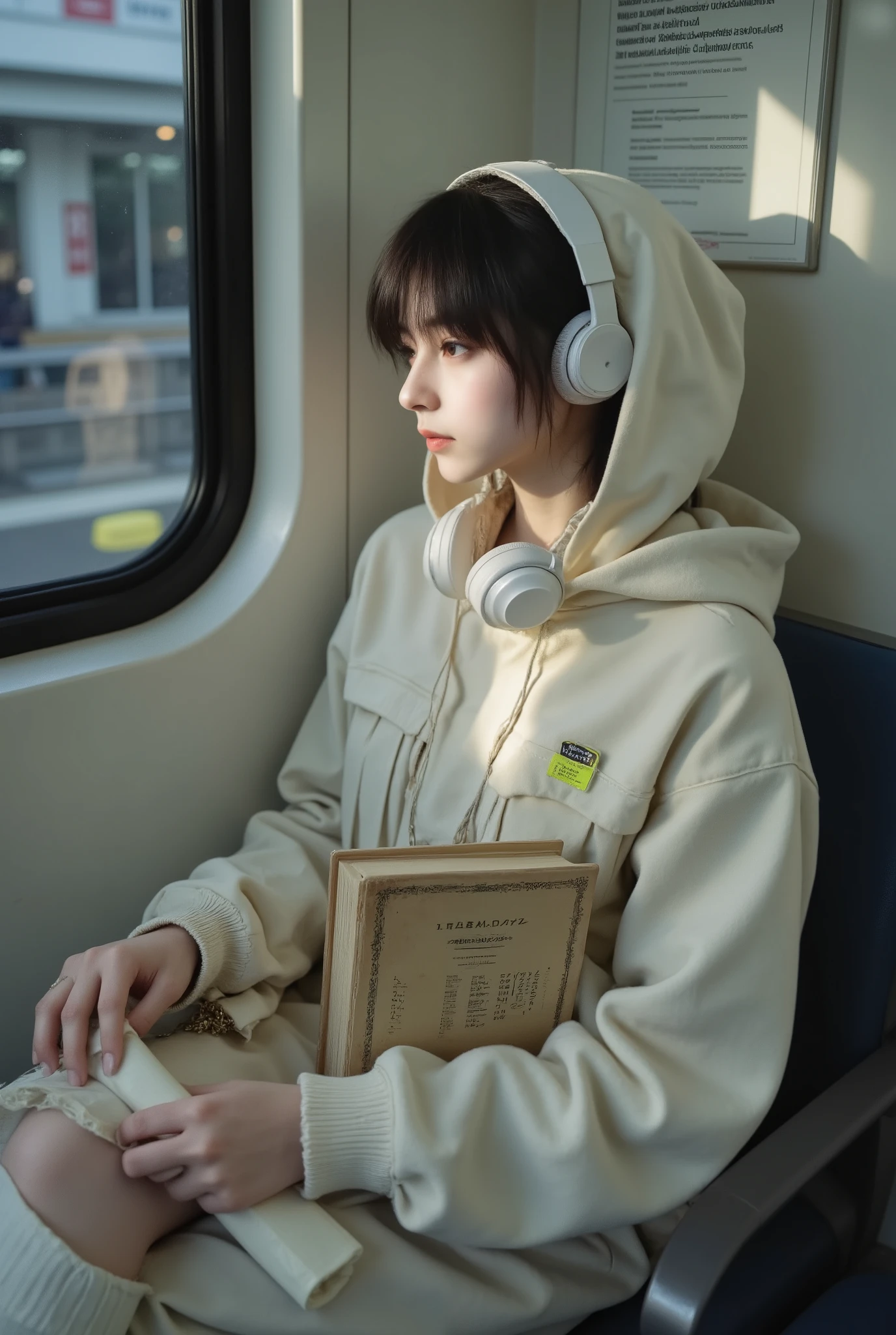 (((best quality))),(((ultra detailed))),(((masterpiece))),realistic,A girl, 20 years old, with short black tea hair and upturned tails, messy bangs sticking to her forehead, blackheads wearing headphones wrapped around her neck to hide her clothes and hat, the hoodie hat hanging on her shoulder with a white high collar and pleats, holding an old poetry collection corner roll and fluorescent tag in her right hand, inserting a work clothes pocket and ankle chain in her left hand to echo her white shoes, her side face soft, long eyelashes projected, mouth corners like a smile, the sunlight slanting down on her hair tips and shoulders clear, the subway leaning against the window seat, the dark tunnel platform outside the window with white light flashing bright spots, the surrounding environment blurred, neighbors brushing their phones, armrests, canvas bags, and carriage billboards, the girl is separated by headphones in a small world, the air is slow, becoming a quiet footnote to the noisy city