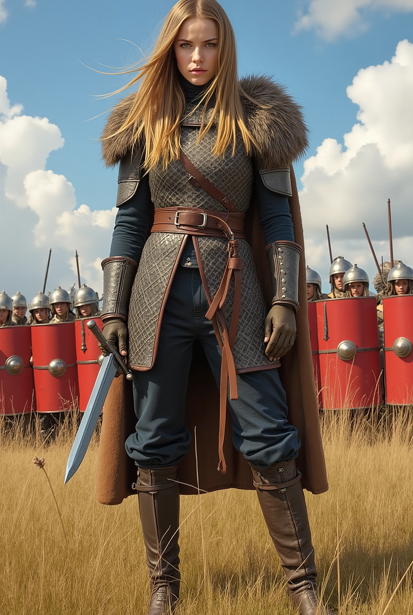 illustrated movie poster , hand-drawn , cor completa, garota eslava , dressed as a typical female warrior , , mostly leather with metal inserts , heavy pants and boots , holding a Viking sword , She has pale skin , ) azul-acinzentados , posing against the backdrop of a battlefield landscape, 12th century n .e., , Russian warriors blocked the field with red shields , prepared for battle , high resolution