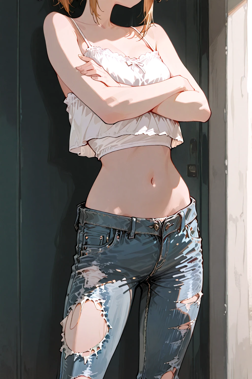 (masterpiece, best quality), 1girl, tiny, small, flat chest, , , sfw, pink hair, crop top, denim shorts, bedroom, striped thighhighs,  black top,