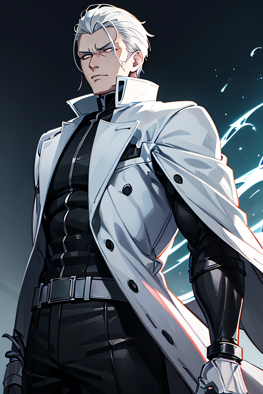 anime style, upper body portrait, powerful and muscular 28-year-old male villain, short slicked back white hair, intense cold gaze, wearing long white leather coat and black long pants, imposing physique with visible muscle armor, photorealistic anime lighting, masterpiece, 8k, high quality, depth of field, atmosphere of menace and power