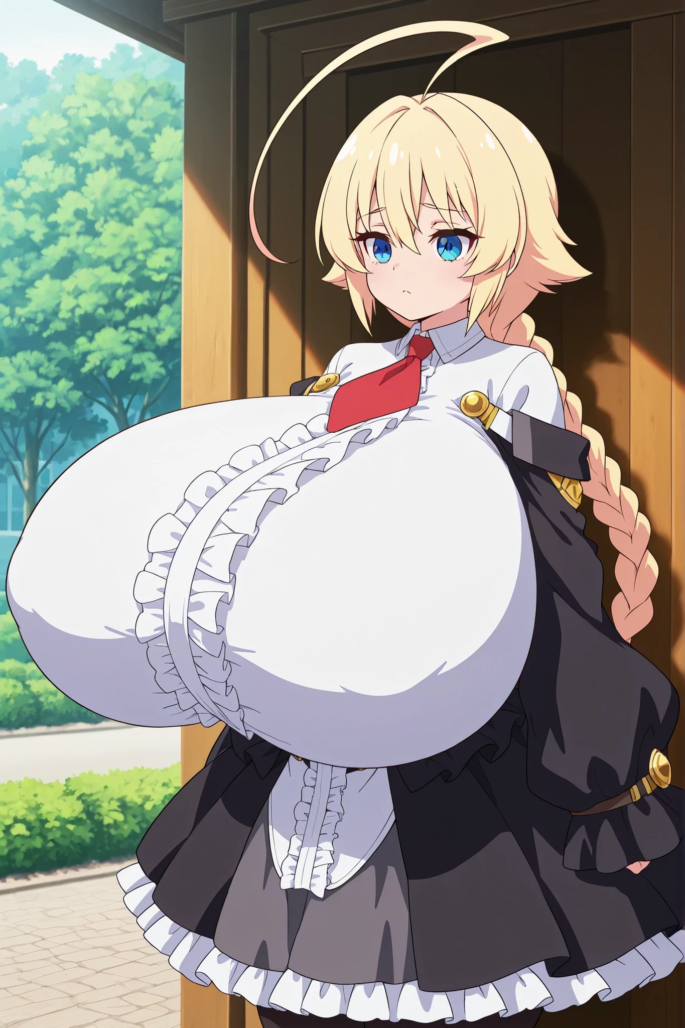 masterpiece, quality, 8k, Super Detailed,
Anime Style, Anime Coloring, The Shading, hand drawn look, Digital Painting, soft shading, detailed lighting, bright colors, flat color textur,Anime Screenshot,
1girl, solo,blue eyes,Blonde, Huge ahoge, long hair, dress, underbust, センターfrills, red tie, white shirt, frills, wide sleevは, skirt, black pantyhose, ,"gigantic breasts:80.0),,short stack,Puzzled face,Bust Up Composition,Outdoors,Short Height,pie zuri,