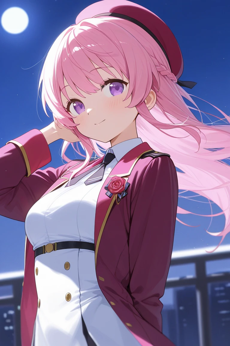 masterpiece , best quality , incredible quality , absurd res, 1girl ,18 years old, pele chocolate, reddish pink hair like a ponytail ,your eyes are scarlet, pink flower ornament in your hair, her uniform is dark blue gray, with a WHITE SHIRT, She has a red tie. your personality is athletic, has an athletic physical size and is energetic, She is in a field of roses
