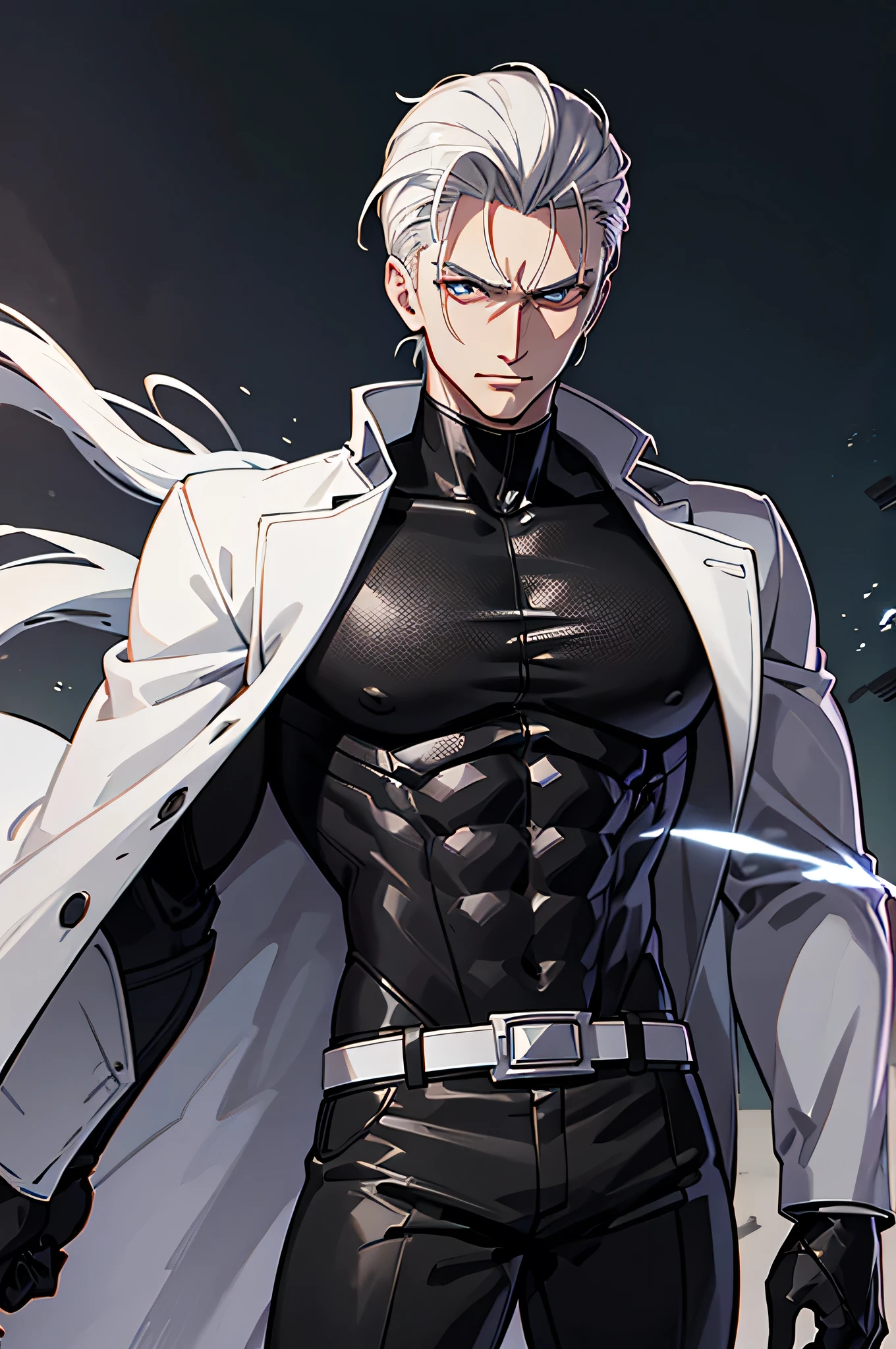 anime style, upper body portrait, powerful and muscular 28-year-old male villain, short slicked back white hair, intense cold gaze, wearing long white leather coat and black long pants, imposing physique with visible muscle armor, photorealistic anime lighting, masterpiece, 8k, high quality, depth of field, atmosphere of menace and power