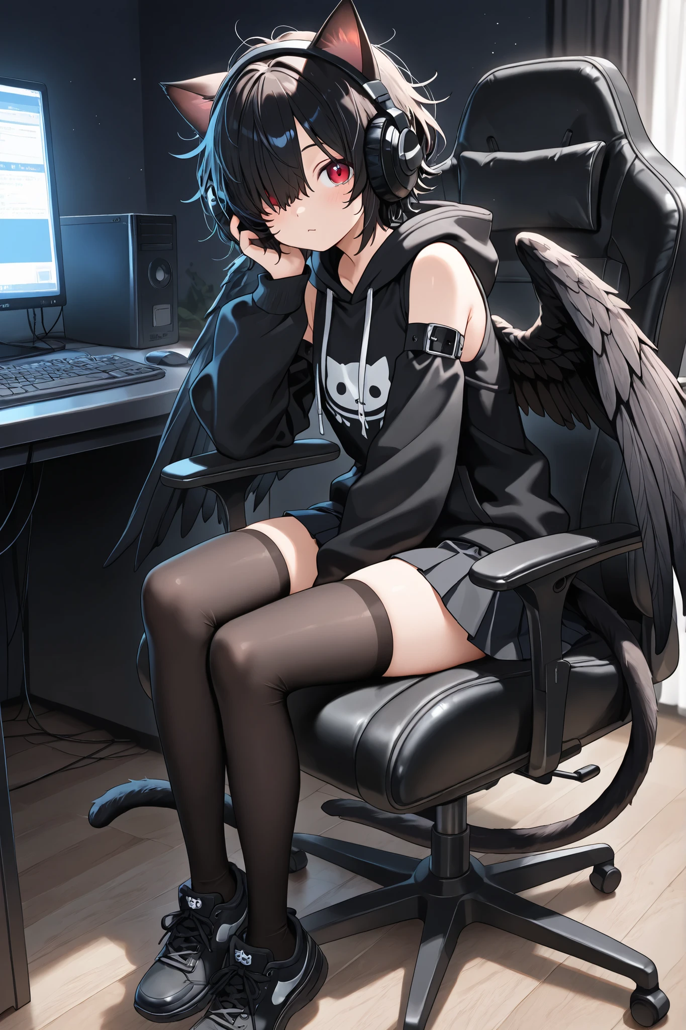 ,headphones, animal ears,Right eye hidden, anime style, huge anime eyes, detailed character, cute face, short hair, hair over right eye, short black messy hair, black stylish hoodie, detached sleeves, black pleated skirt, thigh high stockings, black sneakers red eyes, cat ears, cat tail, black feathered wings, masterpiece, sitting on a gamer chair in a bedroom using the computer