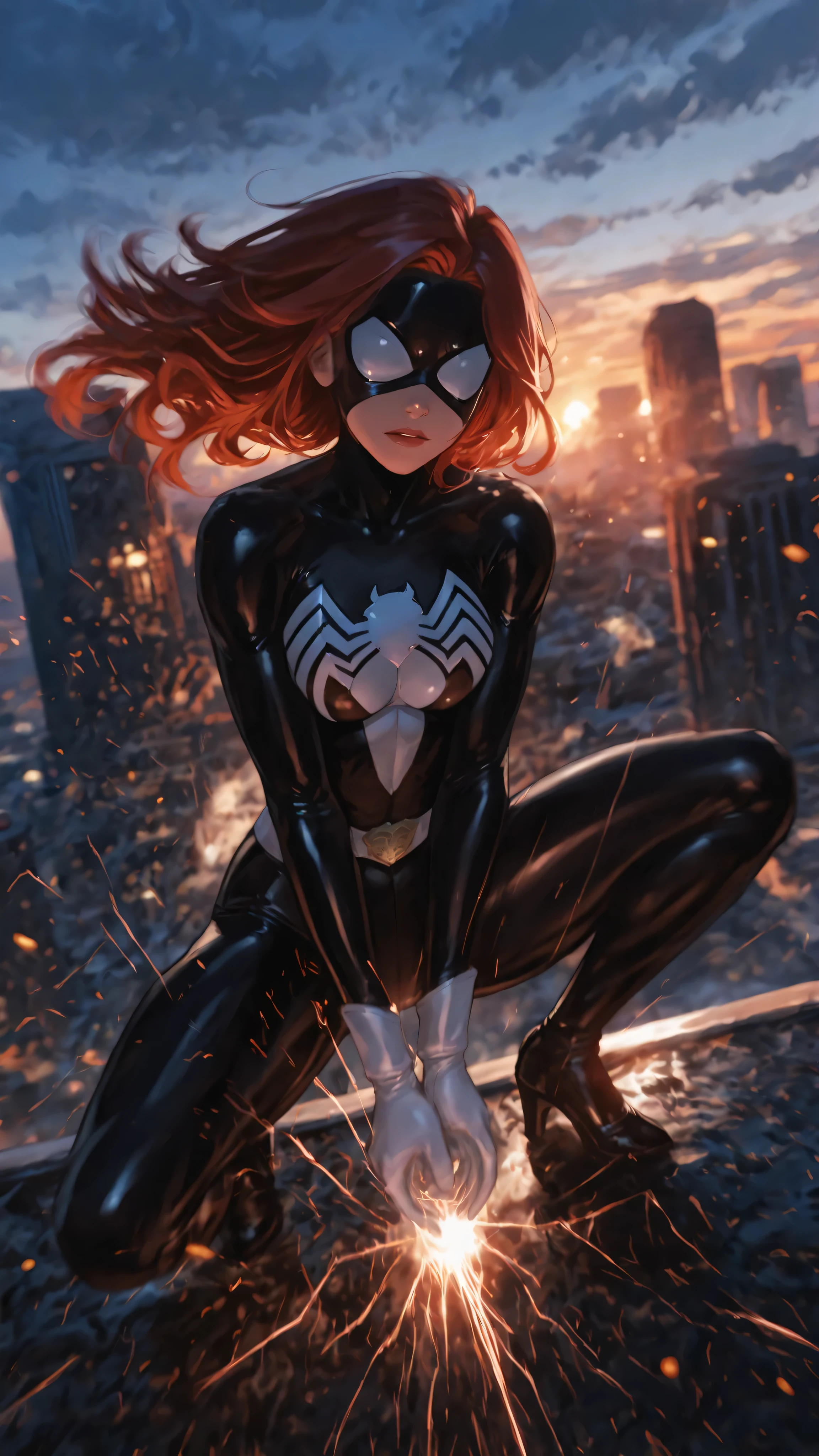 mulher-aranha (), corpo inteiro, wearing her iconic black and white suit with a white spider emblem that extends across her chest and arms. Dynamic superhero pose in the air, in the middle of a dramatic cityscape at sunset. Her red hair flutters in the wind, intense expression on his face. She is throwing webs from both hands toward opposing buildings,  Ready for action . The scene is filled with motion blur, reflexos brilhantes, sparks and particles in the air. cinematic lighting, semi-realistic comic book style, ultra-detalhado, 8k, obra-prima, heroic and sexy atmosphere."b