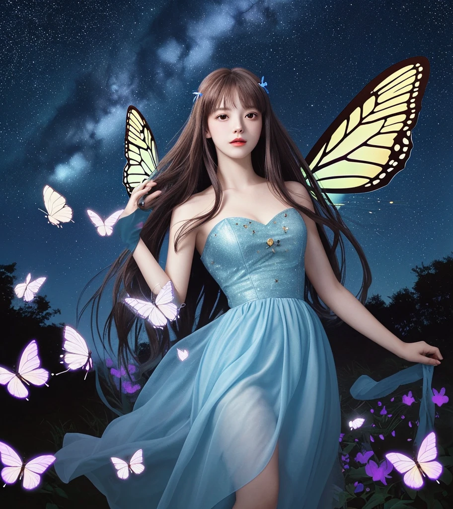 a beautiful girl, butterflies around her, night time, moonlight, intricate butterfly details, delicate dress, elegant pose, serene expression, cinematic lighting, ethereal atmosphere, soft pastel colors, ambient moon glow, photorealistic, highly detailed, masterpiece, 8k