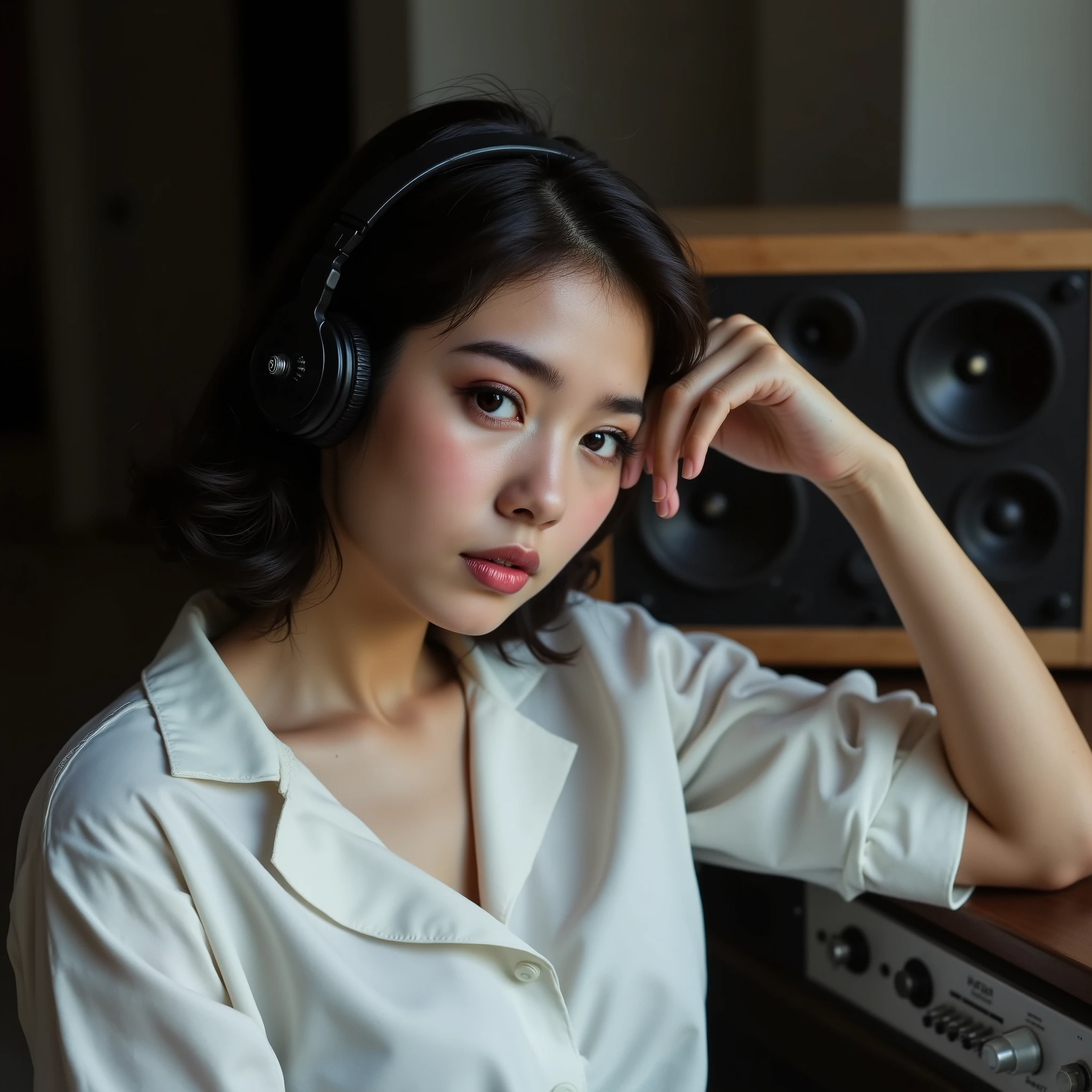 whiteいシャツを着た人物が右手を頭の横に置いています、and、, some of which are visible from both sides of the head、and are composed of delicate skin tones、side by side with a vintage audio system equipped with large speakers and audio equipment、the person suggests a scene focused on musical enjoyment and relaxation、The photo is、evokes nostalgia for a personal listening experience and vintage audio、creates a gentle, intimate atmosphere、The colors are mostly neutral tones、black、white、emphasizes a personal connection to music、The composition is、audio equipment and It focuses on the juxtaposition of the character's relaxed posture、The person wearing a white shirt places his right hand on his side、quiet and immersive atmosphere、Delicate sound、and comfort、