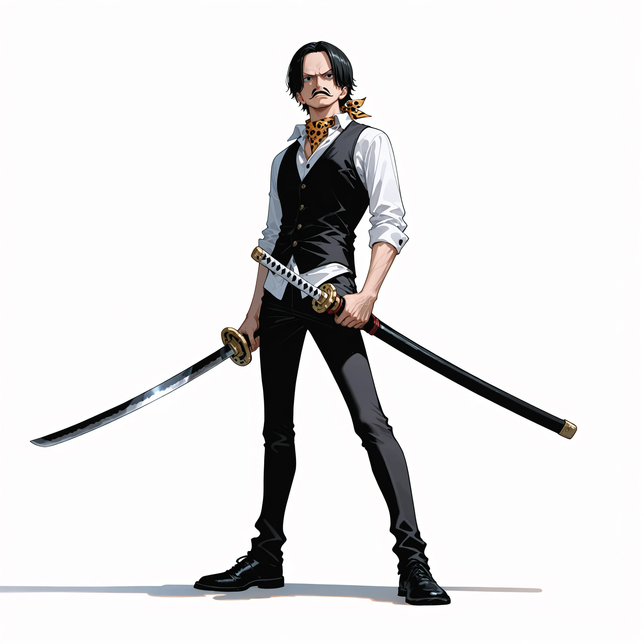 (male), (old man), (short black hair), (mustache), (black eyes), (serious face), (standing pose), (solo), (single character), (full body version), (white background), (no background), (highly detailed), (shadow), (natural light), (detailed outfit), (detailed hand), (detailed face), (detailed hair)  
Wearing a simple casual formal outfit with a buttoned vest over a plain shirt, dark trousers, black leather shoes, holding a katana in one hand. (One piece style art), bandana on neck 
