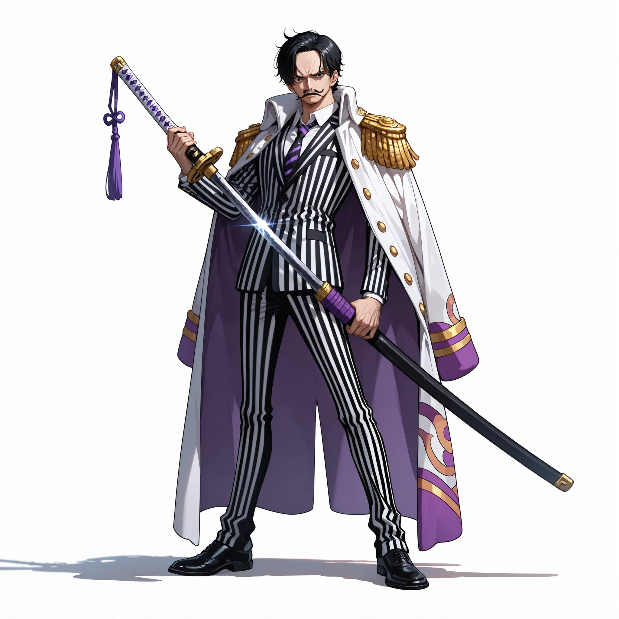 (male), (old man), (short black hair), (mustache), (black eyes), (serious face), (standing pose), (solo), (single character), (full body version), (white background), (no background), (highly detailed), (shadow), (natural light), (detailed outfit), (detailed hand), (detailed face), (detailed hair)
Wearing a white justice coat draped over the shoulders with golden epaulets, striped white and purple formal suit, dark tie, black formal shoes, holding a katana in one hand. (One piece style art)